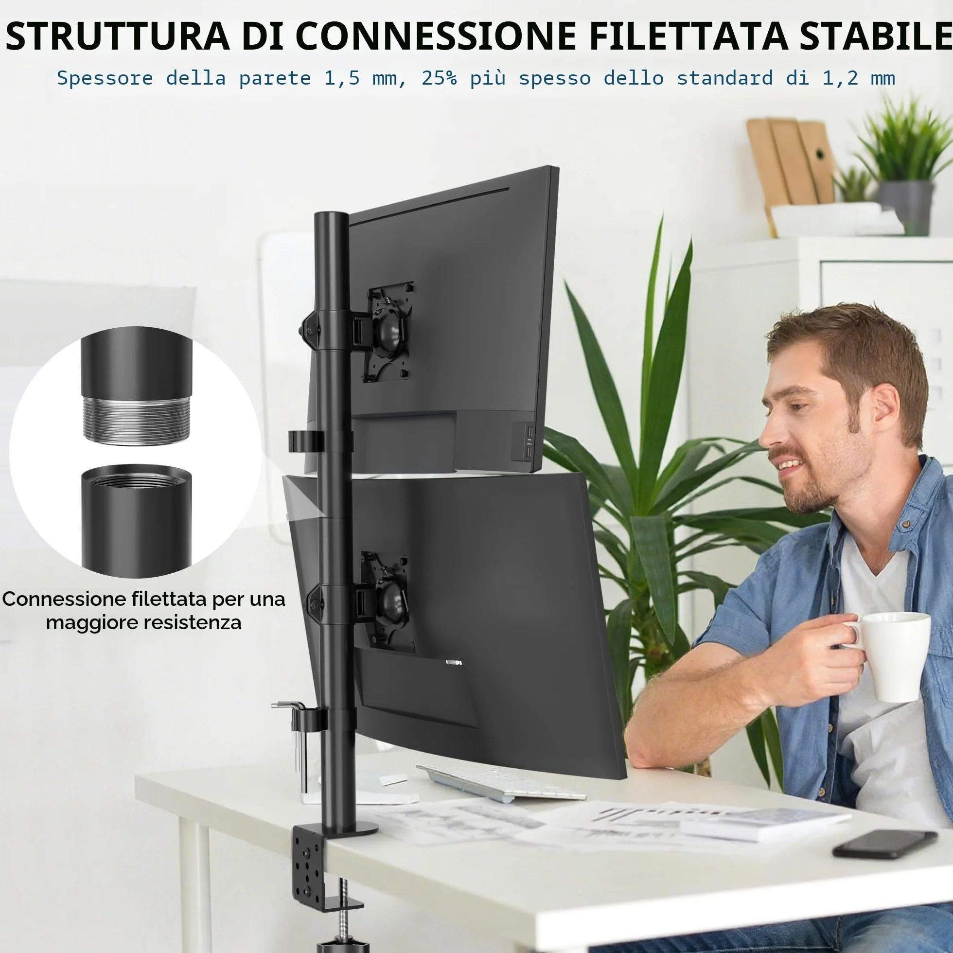 BONTEC Supporto Doppio Schermo Verticale, Braccio Doppio 13-34 Pollici Fino a 10 kg, Regolabile, Gestione Cavi, Supporto da Scrivania Robusto, Compatibile VESA 75x75 e 100x100, Supporto PC Ergonomico