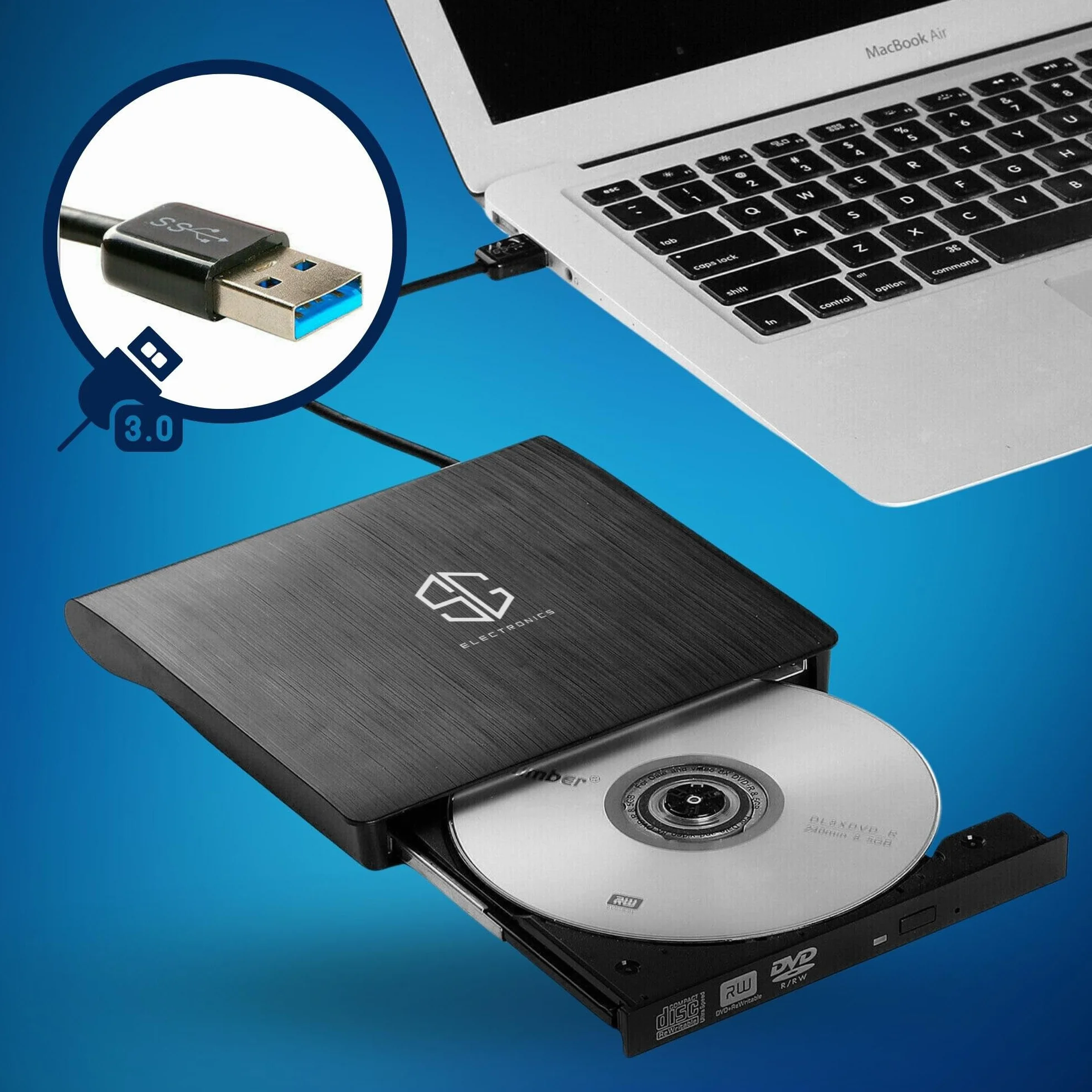 SG, Lettore CD DVD Esterno Portatile, Masterizzatore DVD Esterno, Lettore CD Esterno per Pc Portatile e Desktop Tower, Disco Esterno Ultra Slim USB 3.0, compatibile con Windows, Linux e Mac OS