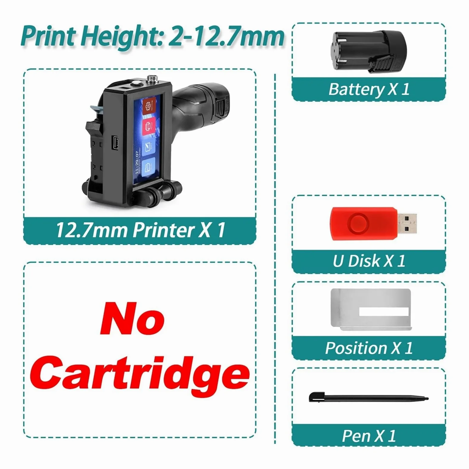 Pistola for stampante a getto d'inchiostro portatile da 12,7 mm con inchiostro ad asciugatura rapida for codice a barre QR, logo, data Su Cartone, Legno(Non Cartridge)