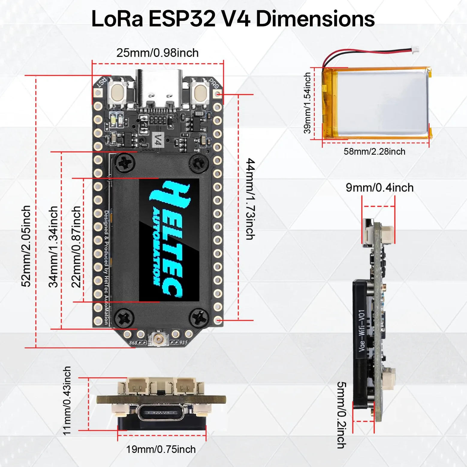 LoRa ESP32 V4 - Scheda di sviluppo + batteria da 3000 mAh, APKLVSR ESP32-S3 LoRa 32 V4 con antenne da 868 MHz e display OLED, Wi-Fi integrato Bluetooth SX-1262, per Arduino Meshtastic LoRaWAN