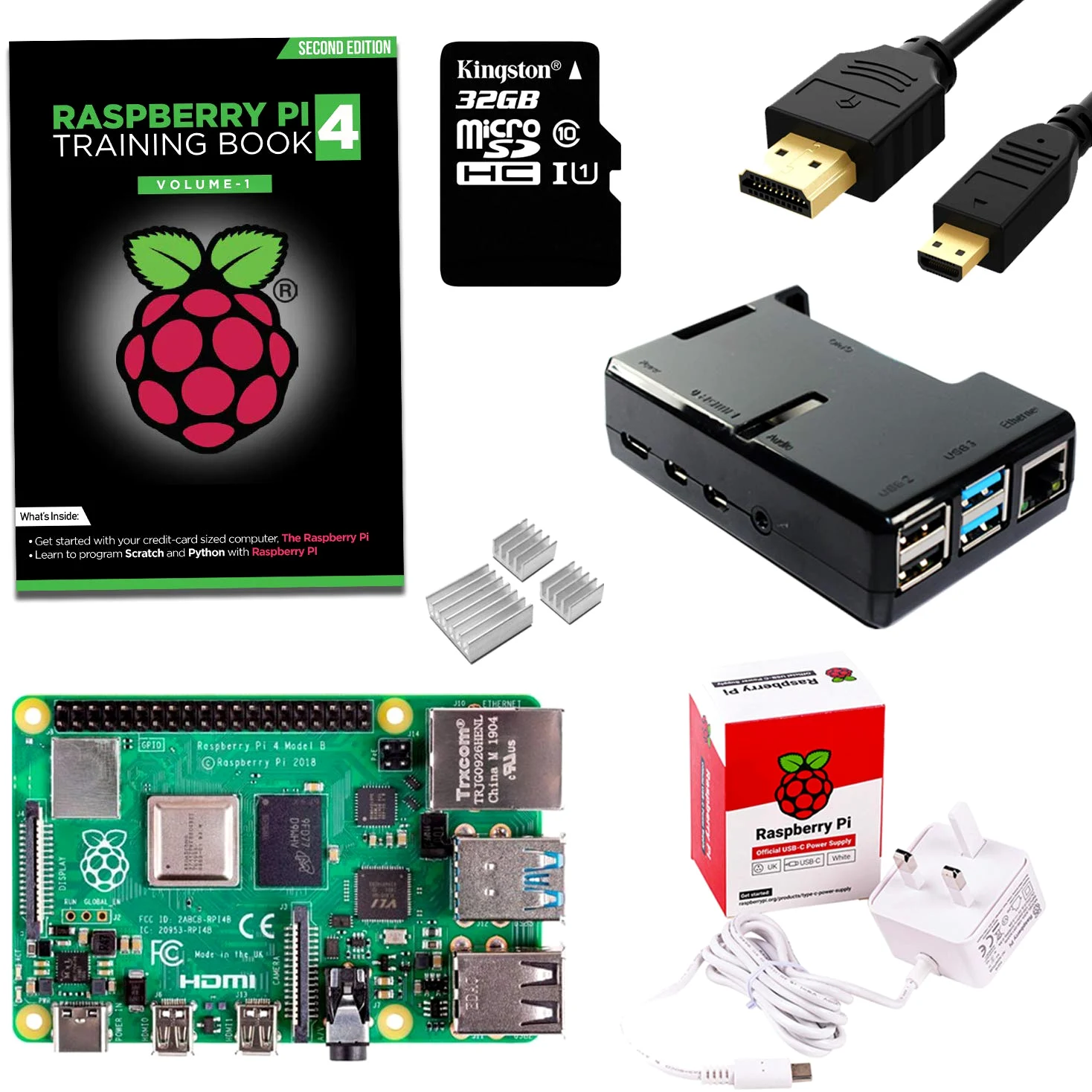 sb components Raspberry Pi 4 Starter Kit (Raspberry Pi 4 Modello B 2GB, Nero Protezione Accesso a tutte le porte, Alimentatore, Cavo Micro HDMI e Scheda MicroSD da 32 GB)