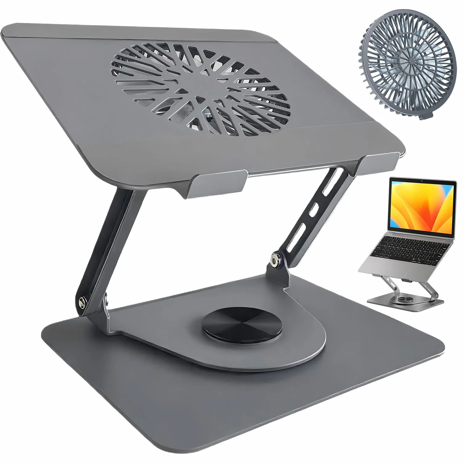 Supporto per laptop in alluminio, girevole a 360°, pieghevole, con ventola magnetica per raffreddamento, compatibile con MacBook e dispositivi da 10 a 17,3 pollici (grigio scuro)