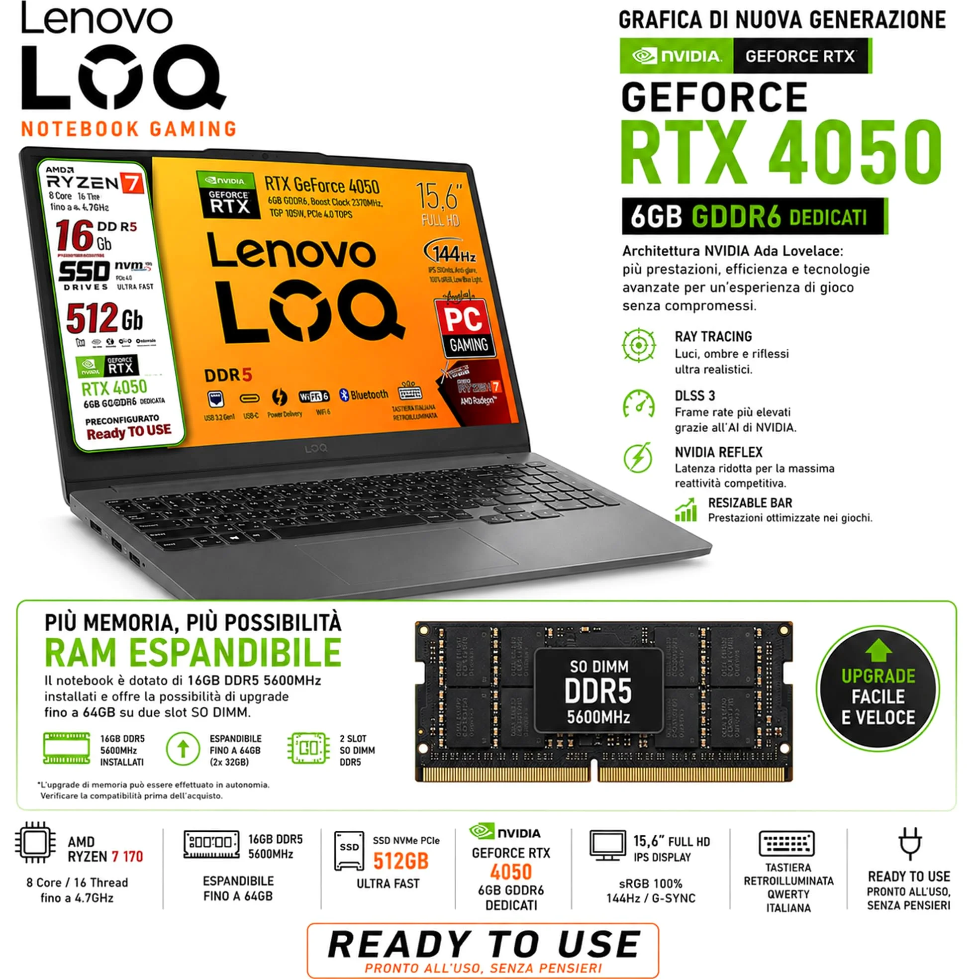 Lenovo Notebook Gaming Ryzen 7 170 GeForce RTX 4050 6GB, Display 15.6 144Hz | RAM DDR5 16GB, SSD 512GB, IPS 15,6" SRGB 100 144Hz G-SYNC Tastiera Retroilluminata, ready to Use, Include alimentatore