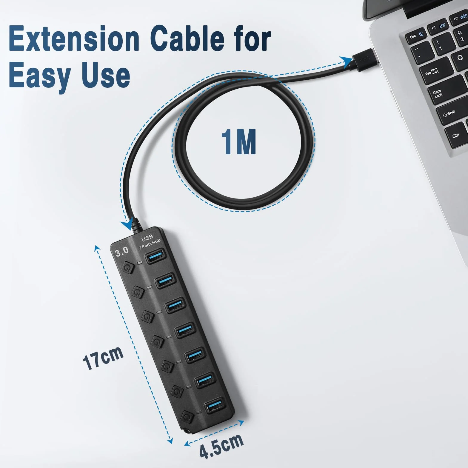 Hoppac Hub USB Multipresa a 7 Porte (1 USB 3.0 6USB 2.0) con Interruttori Indipendenti, Spie LED e Cavo da 1m - Ciabatta USB Multi Porte Plug & Play per PC, Laptop