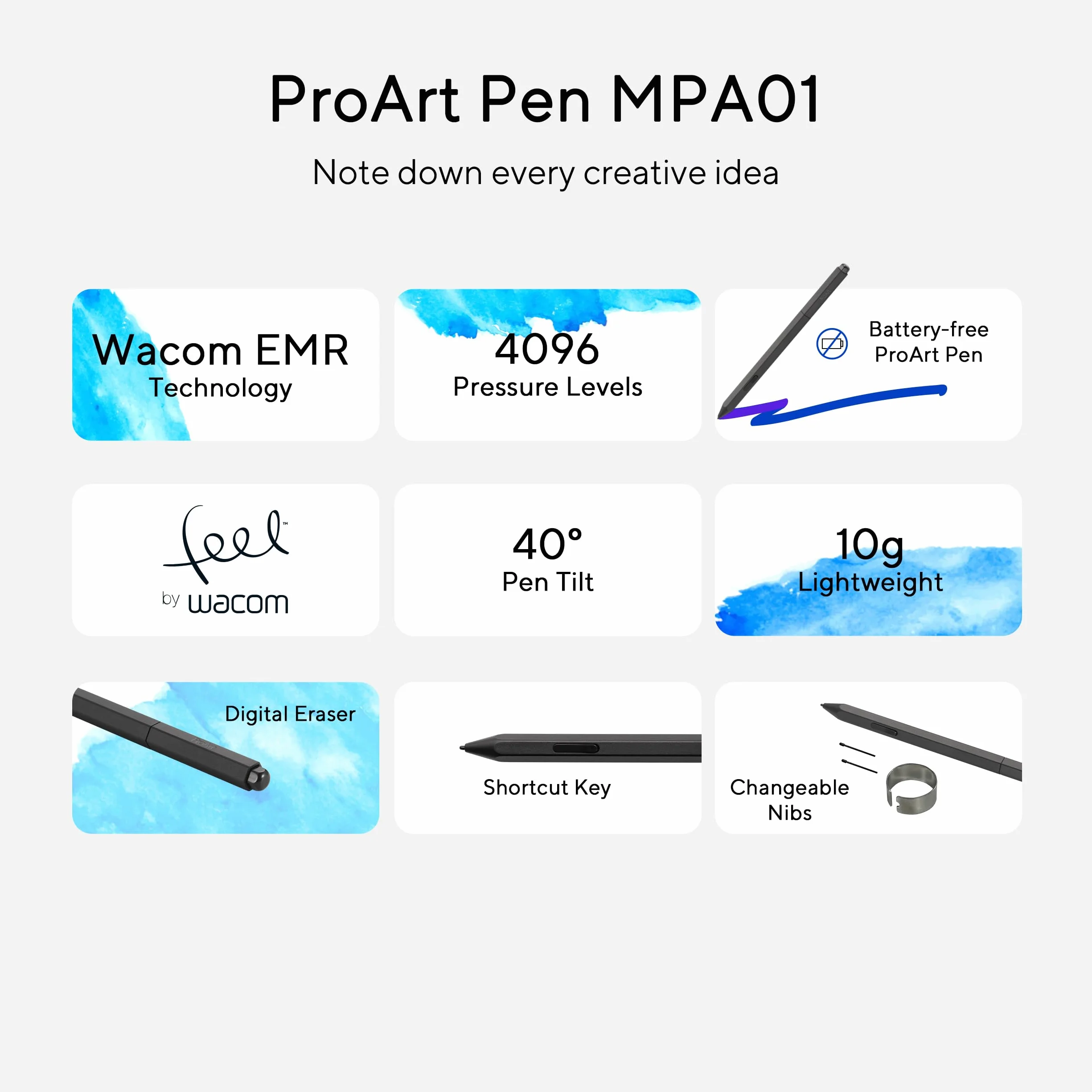 ASUS PROART PEN MPA01 Penna Digitale con Tecnologia WACOM EMR, Leggera, Senza Batteria, Sensibilità alla Pressione di 4096 livelli e 40° gradi, Tasto di Scelta Rapida, Punte Intercambiabili, Nero