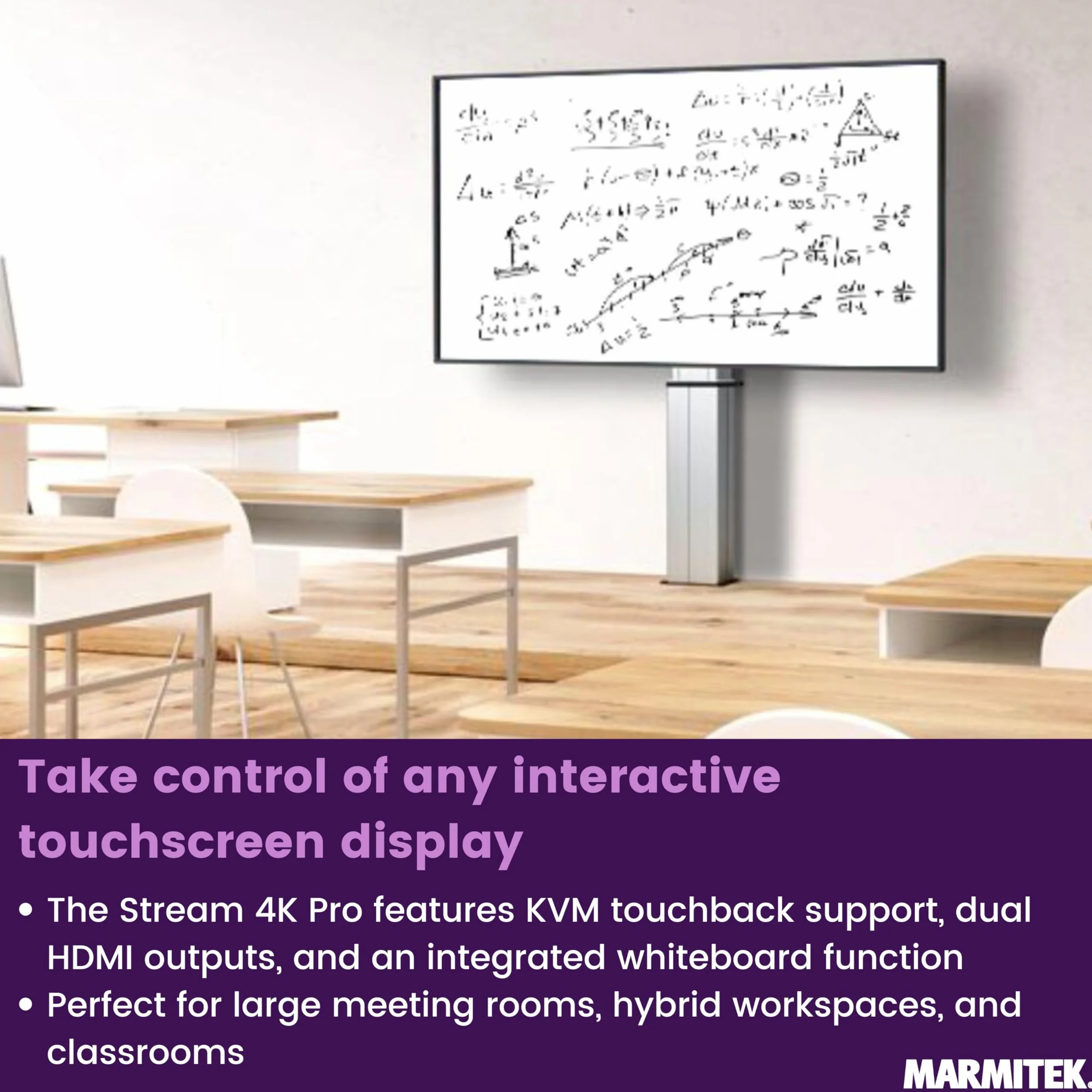Sistema di presentazione HDMI 4K wireless Marmitek Stream 4K Pro KIT 1TX/1RX - Senza software né Wi-Fi - Dongle USB-C & ricevitore, split screen, touchback, PoE - Doppia HDMI - BYOD mirroring