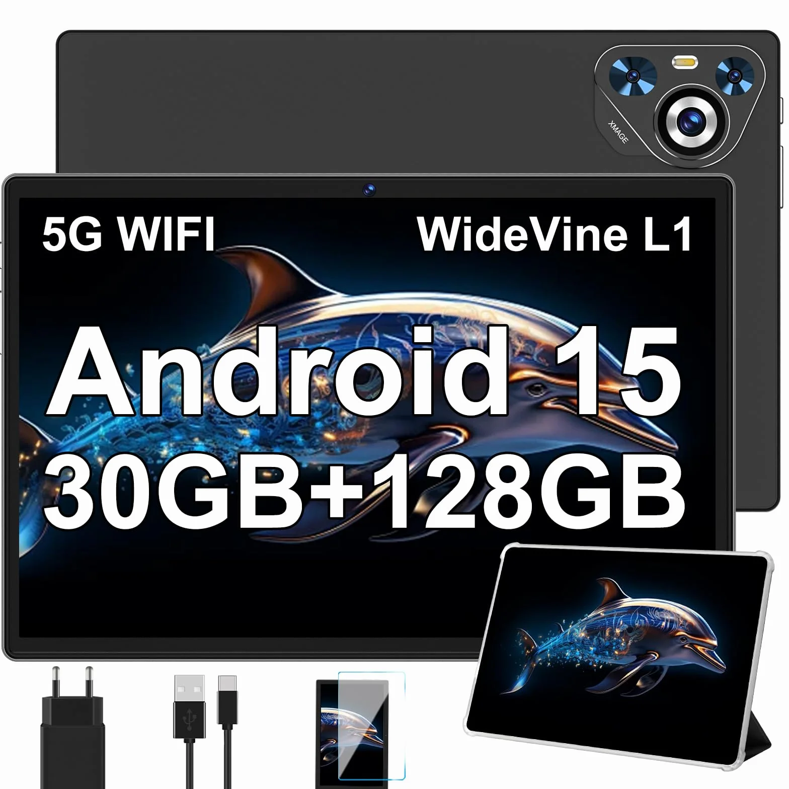 Tablet 10 Pollici 30GB RAM 128GB ROM 8000mAh WiFi 5G BT5.0 OTG Camera 5+8 MP GMS Widevine L1 Corpo in Metallo Custodia Protettiva Notte Nera