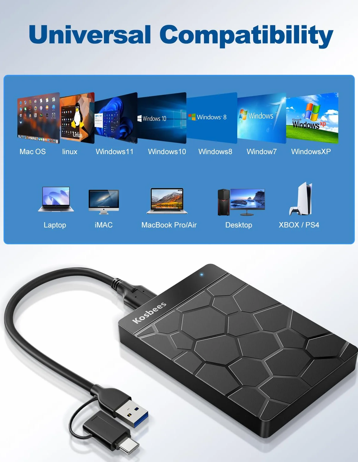 Hard disk esterno da 500 GB, hard disk portatile per Windows, ultra sottile, compatibile con PC, Mac, laptop, PS4, Xbox one, Xbox 360; pronto all'uso