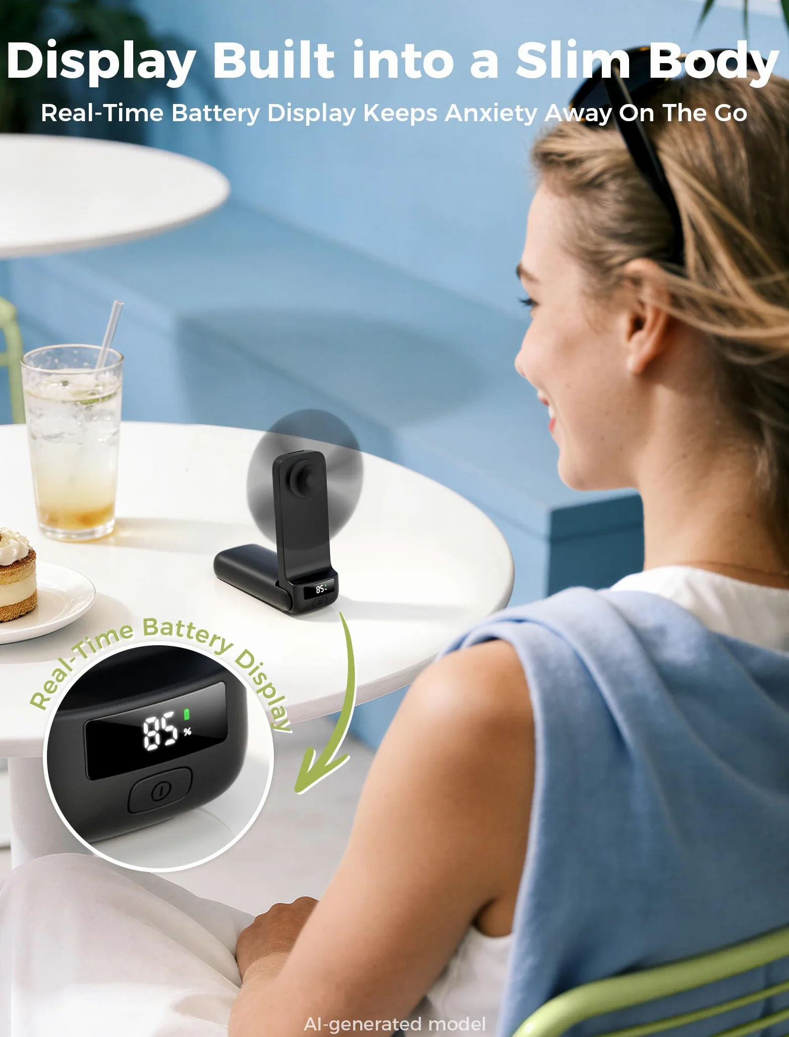 Aecooly Ventilatore portatile sottile con display digitale, sottile ventilatore portatile, ricaricabile tramite USB, mini personale [tempo di raffreddamento massimo 24h], alimentato a batteria