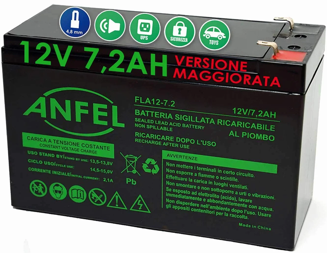 ANFEL Batteria al Piombo Ricaricabile 12V 7AH per Allarmi UPS Emergenza