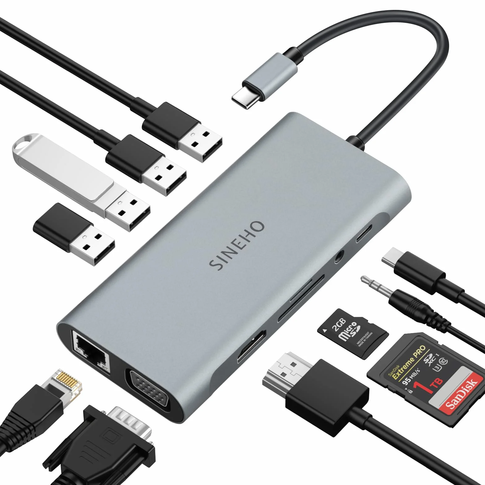 HUB USB C Docking Station, 11 in 1 Adattatore USB C con 4K HDMI, VGA, Ethernet, 4 porte USB, SD/TF, 100W PD, Audio 3,5 mm, Compatibile con MacBook Pro/Air, Surface, DELL, HP e altri