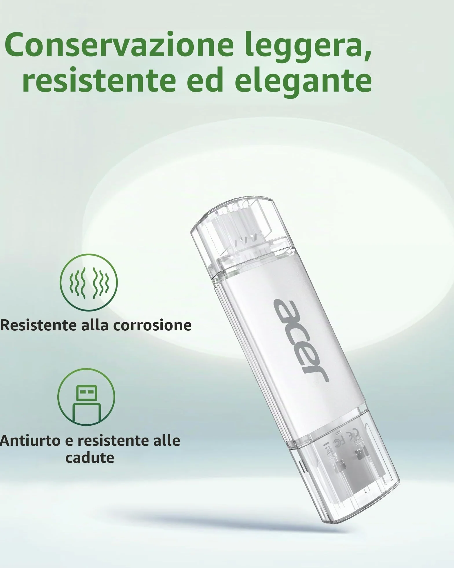 Acer Chiavetta USB UT300 256GB USB 3.2 Gen1 Fino a 150MB/s con Doppia Porta Tipo-A & Tipo-C Chiavetta USB per PC/Laptop/MacBook/Smartphone
