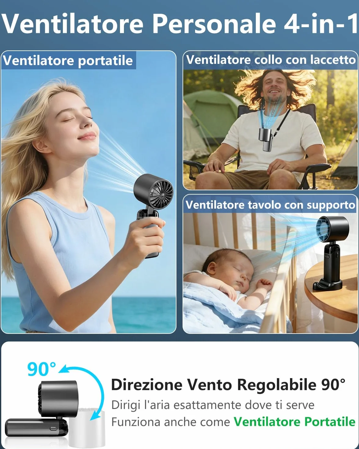 Ventilatore Portatile Turbo USB Ricaricabile, Pieghevole con Supporto Phone e Display LED. Batteria 3500mAh, Autonomia 10 Ore, Ventilazione Continua 1-199, Fresco Personalizzato per Viaggio e Ufficio