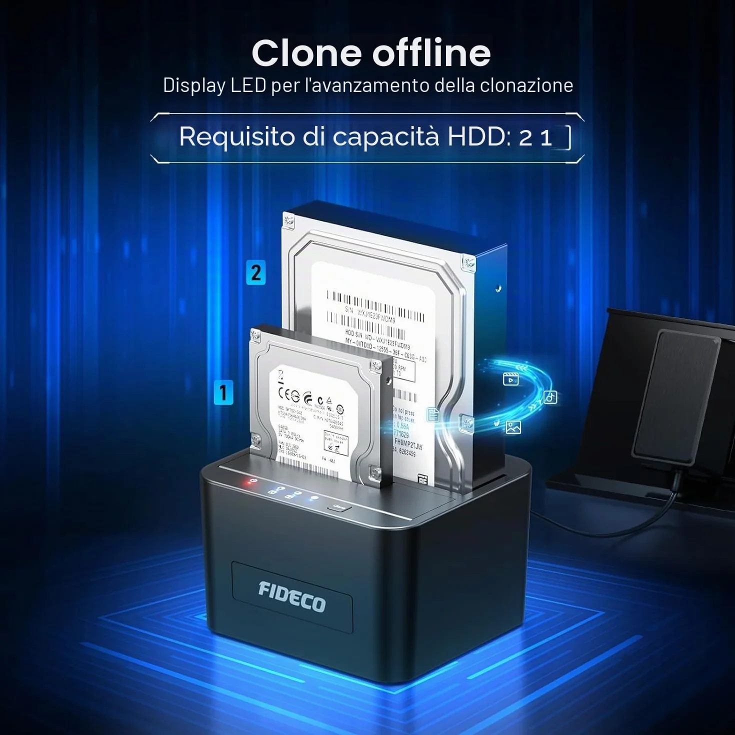 FIDECO HDD Docking Station, USB3.0 - Docking station per disco rigido da 2,5 e 3,5 pollici SATA HDD/SSD, doppio alloggiamento, supporto clone offline