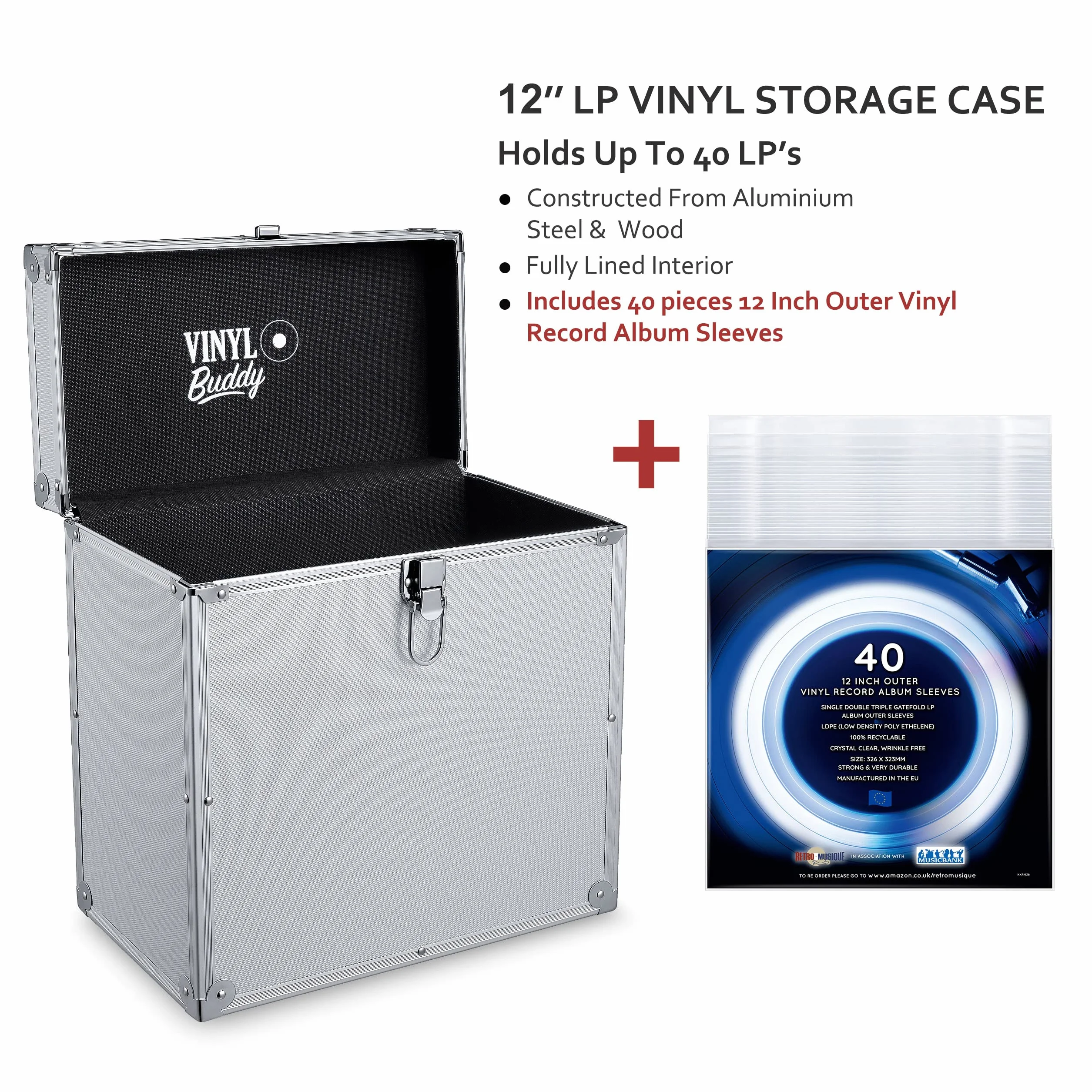VINYL BUDDY 12'' Alluminium-Schallplattenkoffer, für bis zu 40 LPs, inklusive 40x 12-Zoll-Äußere Schallplattenhüllen', argento, 33 cm x 34 cm x 19 cm, Valigia