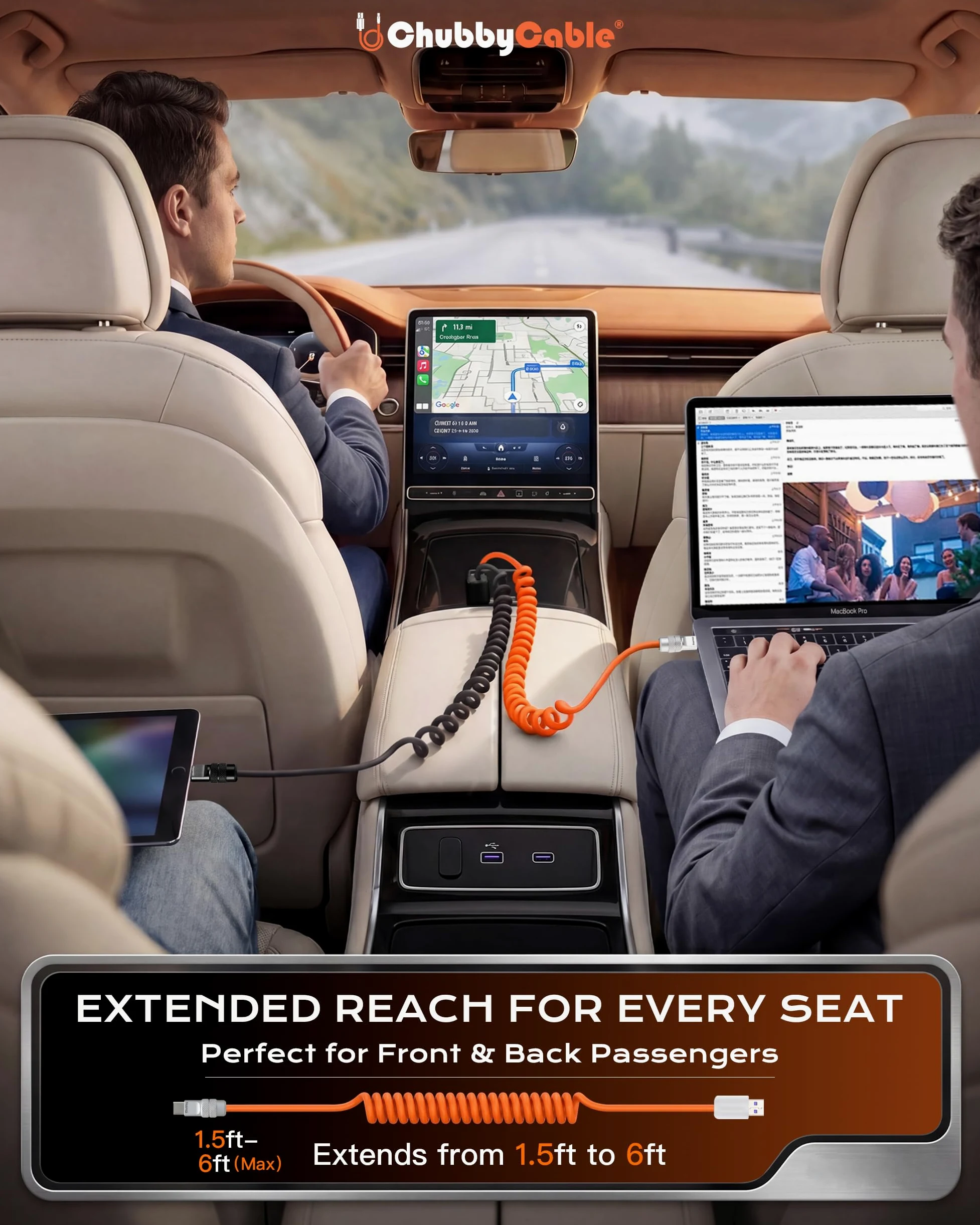 chubbycable Curly Chubby - Cavo USB C a spirale in silicone da 240 W, confezione da 2 [240H Sag-Free] Cavo di ricarica rapida a spirale per auto, cavo di ricarica retrattile per Android Auto e CarPlay