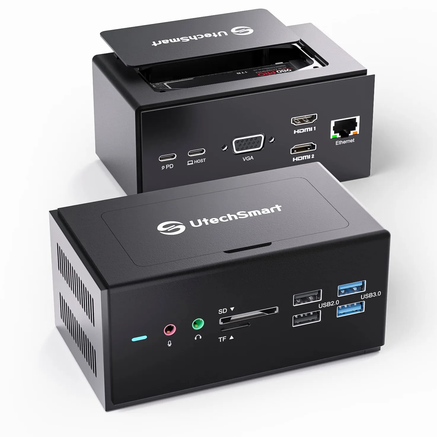 UtechSmart Docking station universale 15 in 1 USB con alloggiamento SSD, docking station USB C con doppia HDMI, VGA, PD3.0, SD/TF, RJ45, audio e micro; porte USB, per computer portatili Mac e Windows