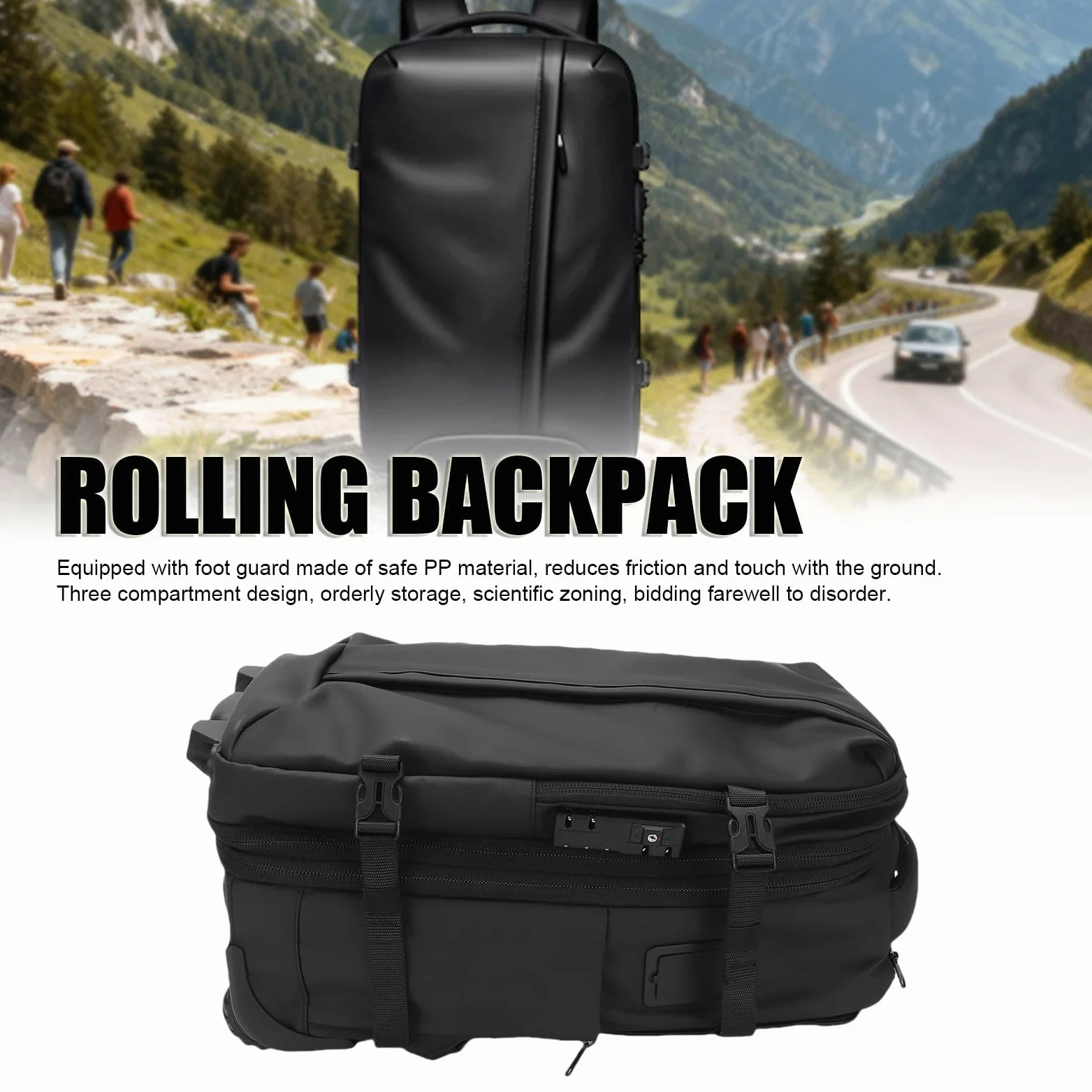 Greensen Zaino a Rotelle Espandibile, Zaino da Viaggio con Ruote Convertibile in Trolley 25L 30L 60L con Caricabatterie USB Tipo C e Blocco a Password per Viaggi di Lavoro