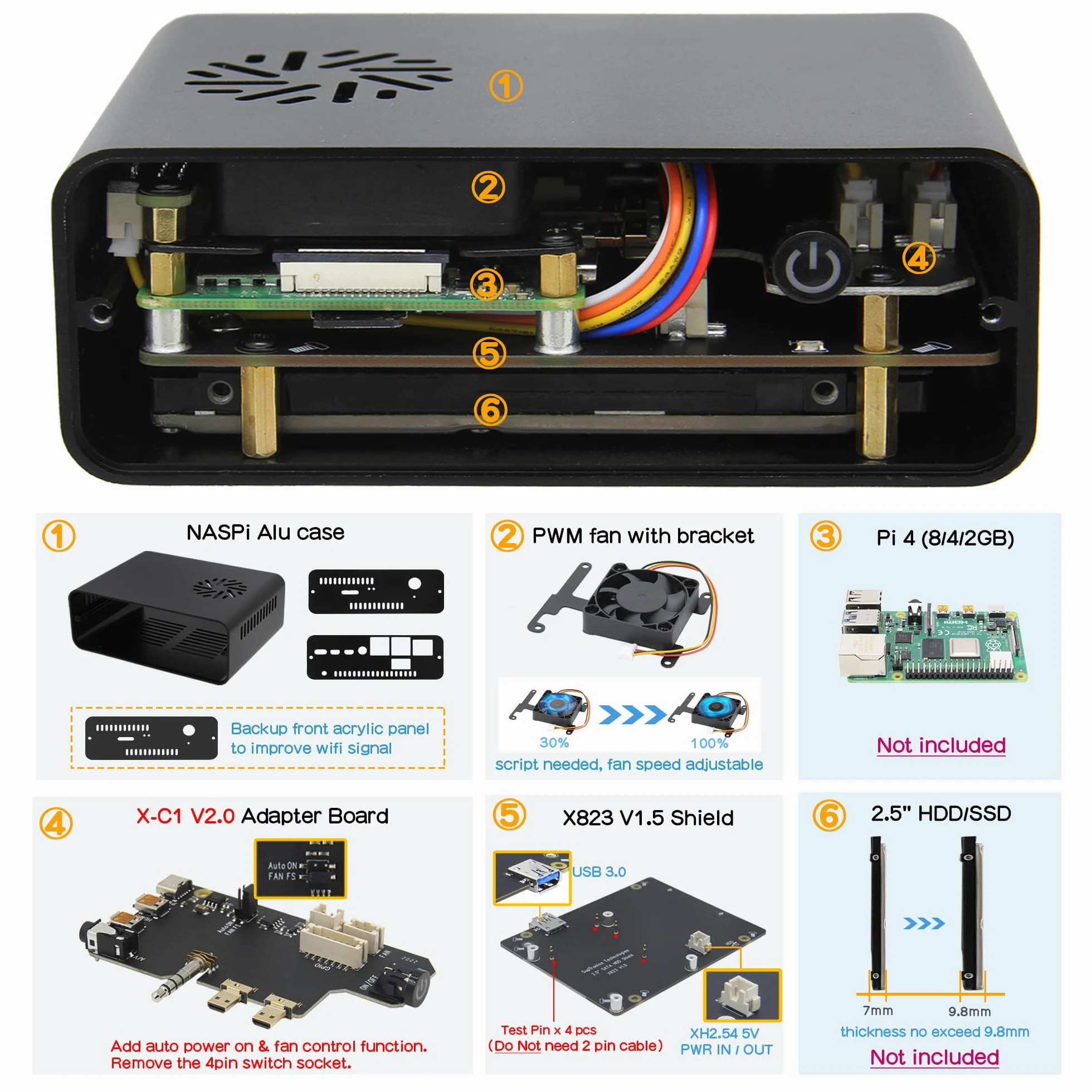 Geekworm NASPi V2.0 2.5 "SATA HDD/SSD NAS Storage Kit per Raspberry Pi 4 Modello B (Non includere Pi 4 o SSD/HDD)