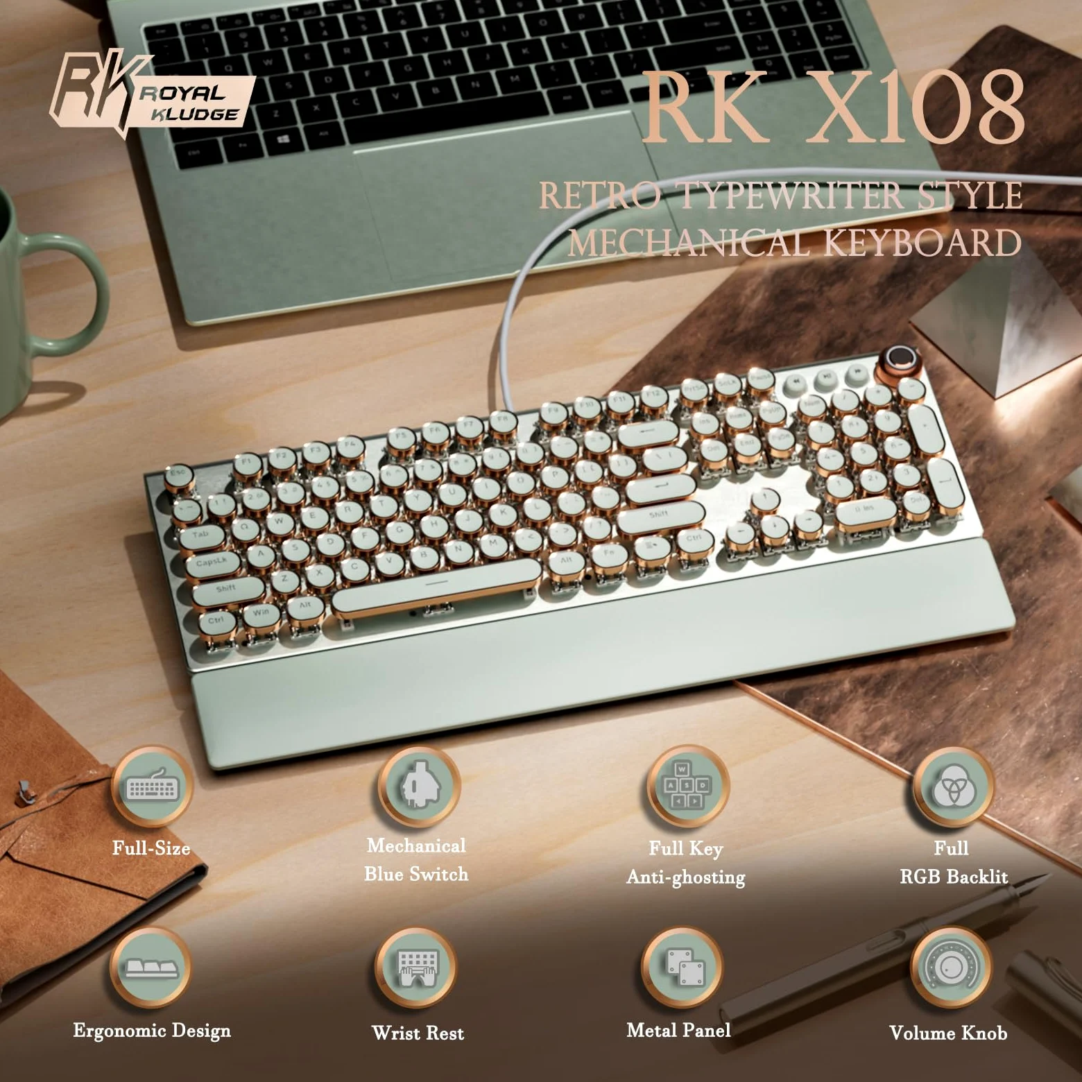 RK ROYAL KLUDGE Tastiera da gioco RKX108, interruttore blu, verde erba