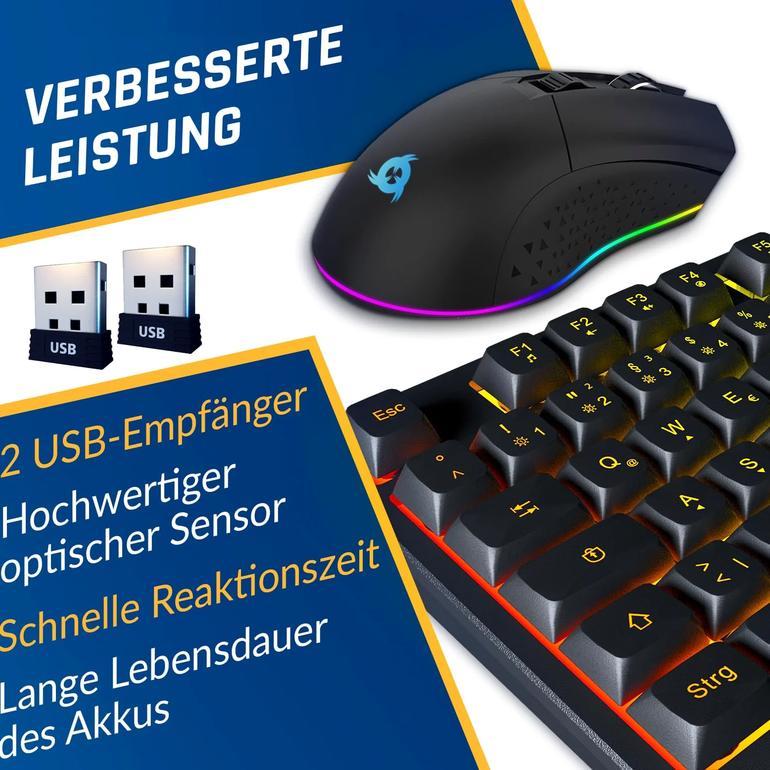 KLIM Blaze & Chroma - Set tastiera senza fili QWERTZ piatto, ergonomico, tastiera per mouse per PC, batteria integrata e durevole