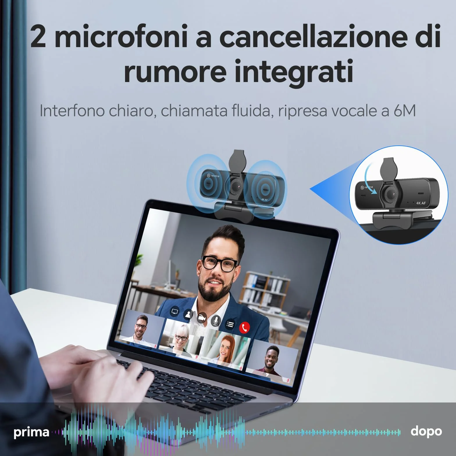 Webcam 4k 30FPS PC Camera con 2 Microfoni con Sensore Sony, Aggiornato Autofocus, Correzione della Luce, USB Full HD Webcam per Mac Laptop Skype Streaming Home Office Gaming