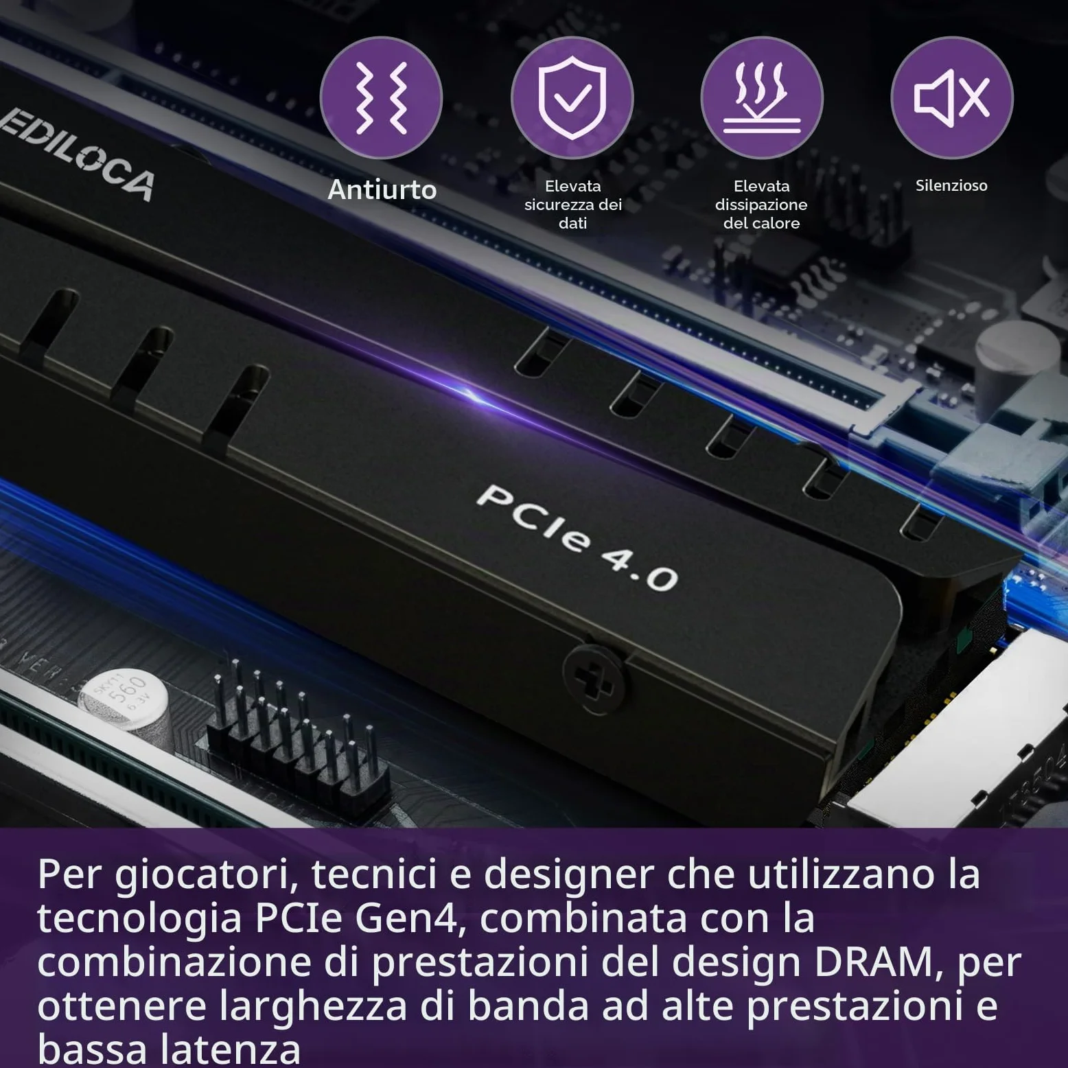 Ediloca EN855 SSD da gioco interno con dissipatore di calore 1 TB PCIe Gen4, NVMe M.2 2280, fino a 7400 MB/s, unità a stato solido, configura cache DRAM, compatibile con PS5 e PC