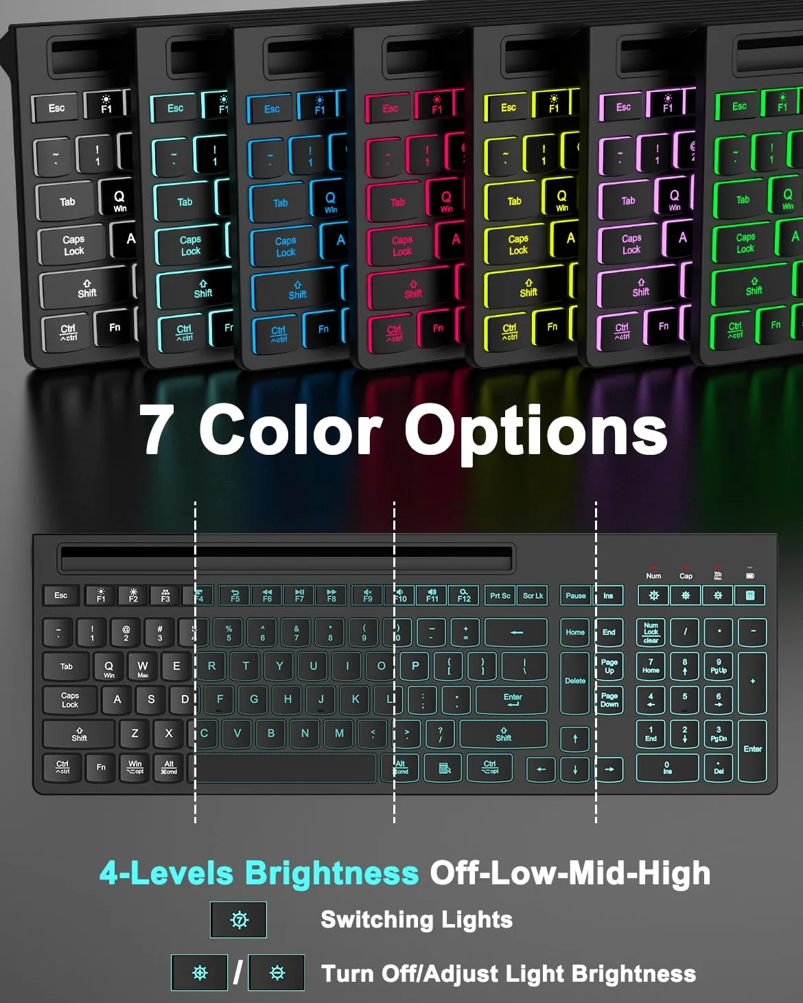 Tastiera wireless e mouse combinata, 7 effetti retroilluminati, lettere illuminate, ricaricabile, supporto per telefono, mouse a 6 pulsanti, angolo di inclinazione ergonomico, mouse USB silenzioso da