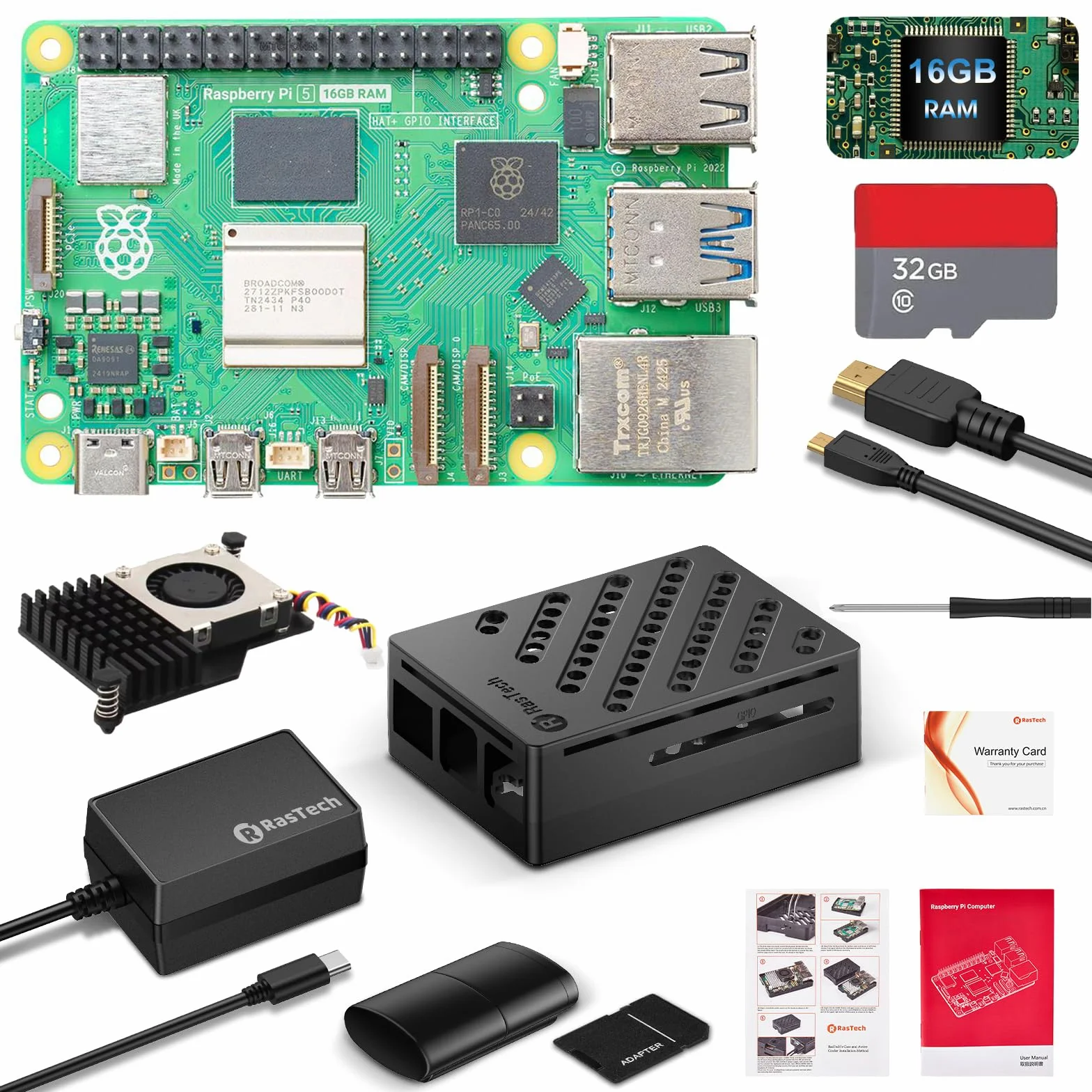 RasTech - Kit per Raspberry Pi 5 da 16 GB con alimentatore USB-C GaN 27 W 5,1 V 5 A, dispositivo di raffreddamento attivo, kit riders per schede da 32 GB, cavo Micro HD Out 4K, custodia per scheda Pi