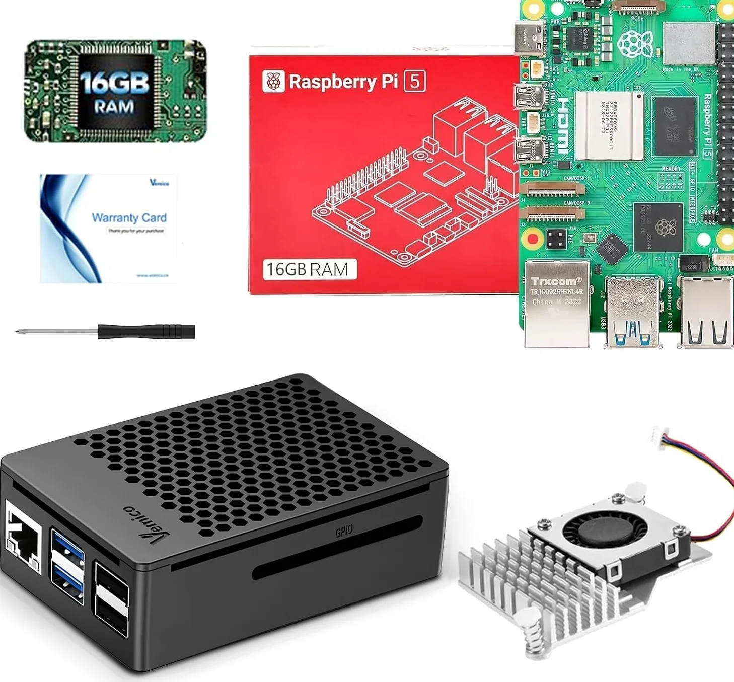Vemico Raspberry Pi 5 16GB Kit con Pi 5 16GB scheda singola, dispositivo di raffreddamento attivo, custodia protettiva, scheda di garanzia e cacciavite