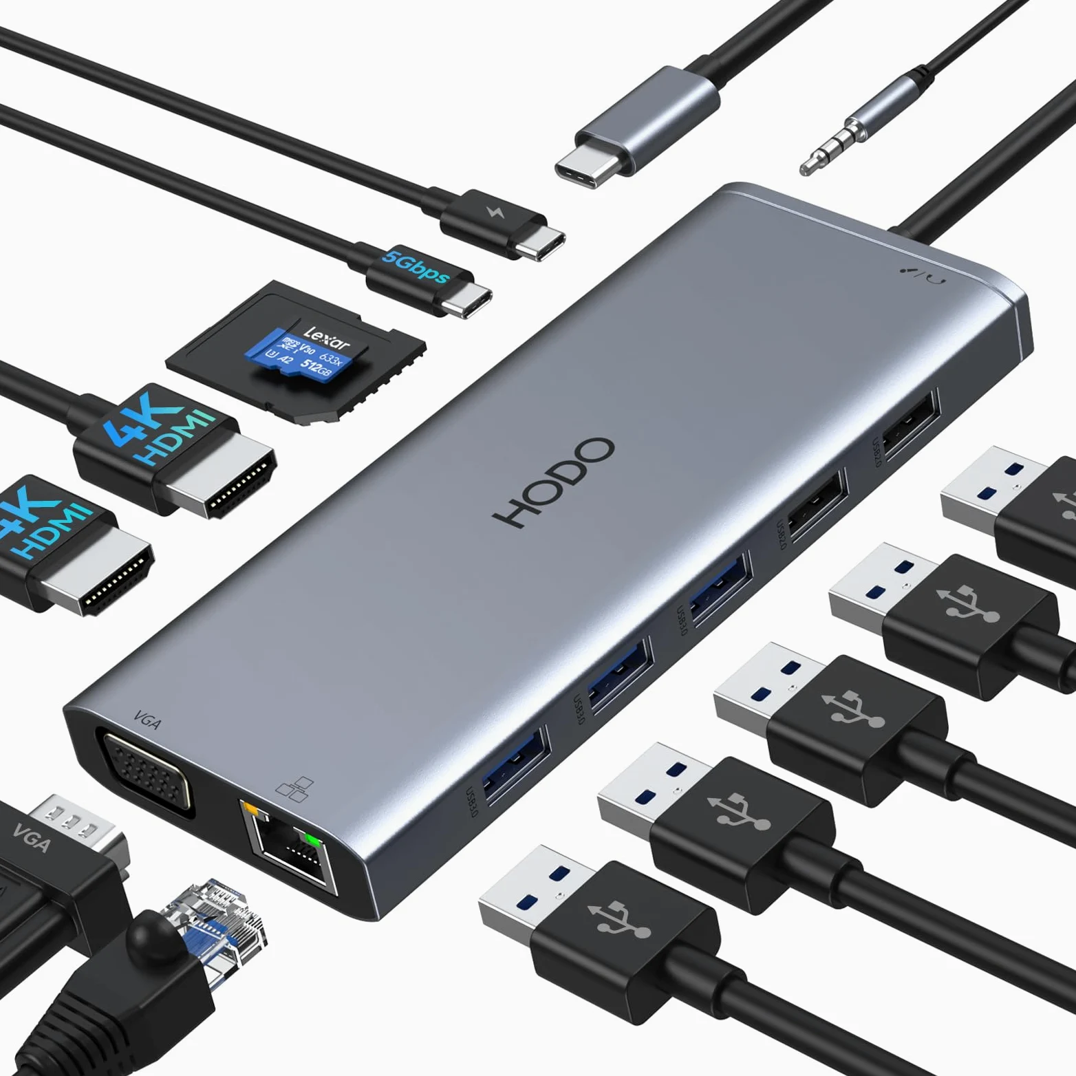 HODO Docking Station Dual Monitor, docking station per laptop 14 in 1 Triple Display, adattatore USB C Hub con 2 HDMI, VGA, Ethernet, PD, USB C Data, 5 USB, SD/TF, Audio/Mic per Dell Thinkpad Lenovo