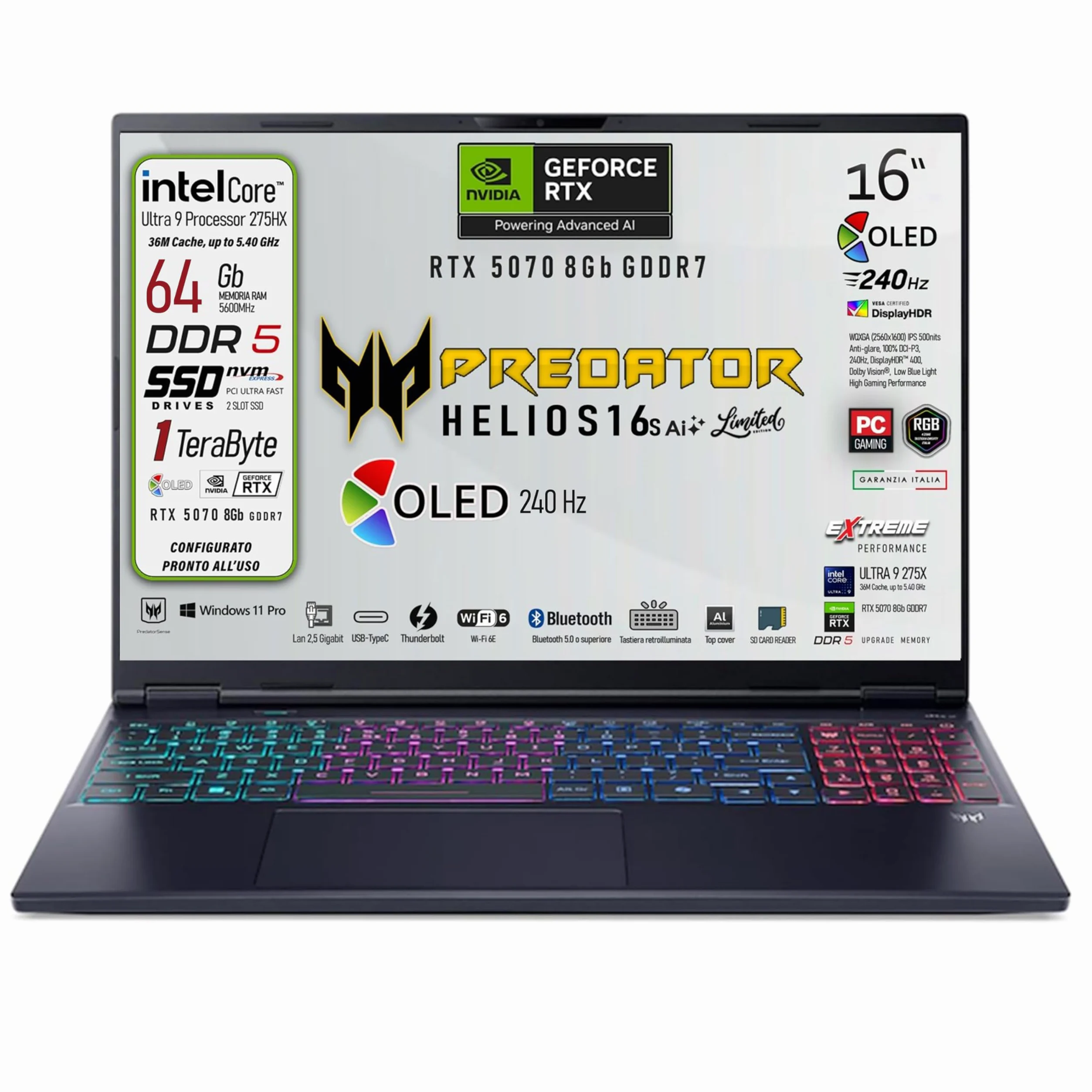 Acer Predator Helios Neo 16s Ai Notebook Gaming limited edition | Intel Ultra 9-275X 24core, RAM DDR5 64GB, SSD 1TB, Display 16" OLED 240Hz DCI-P3 100%, GeForce RTX 5070 8GB, Ready to Use