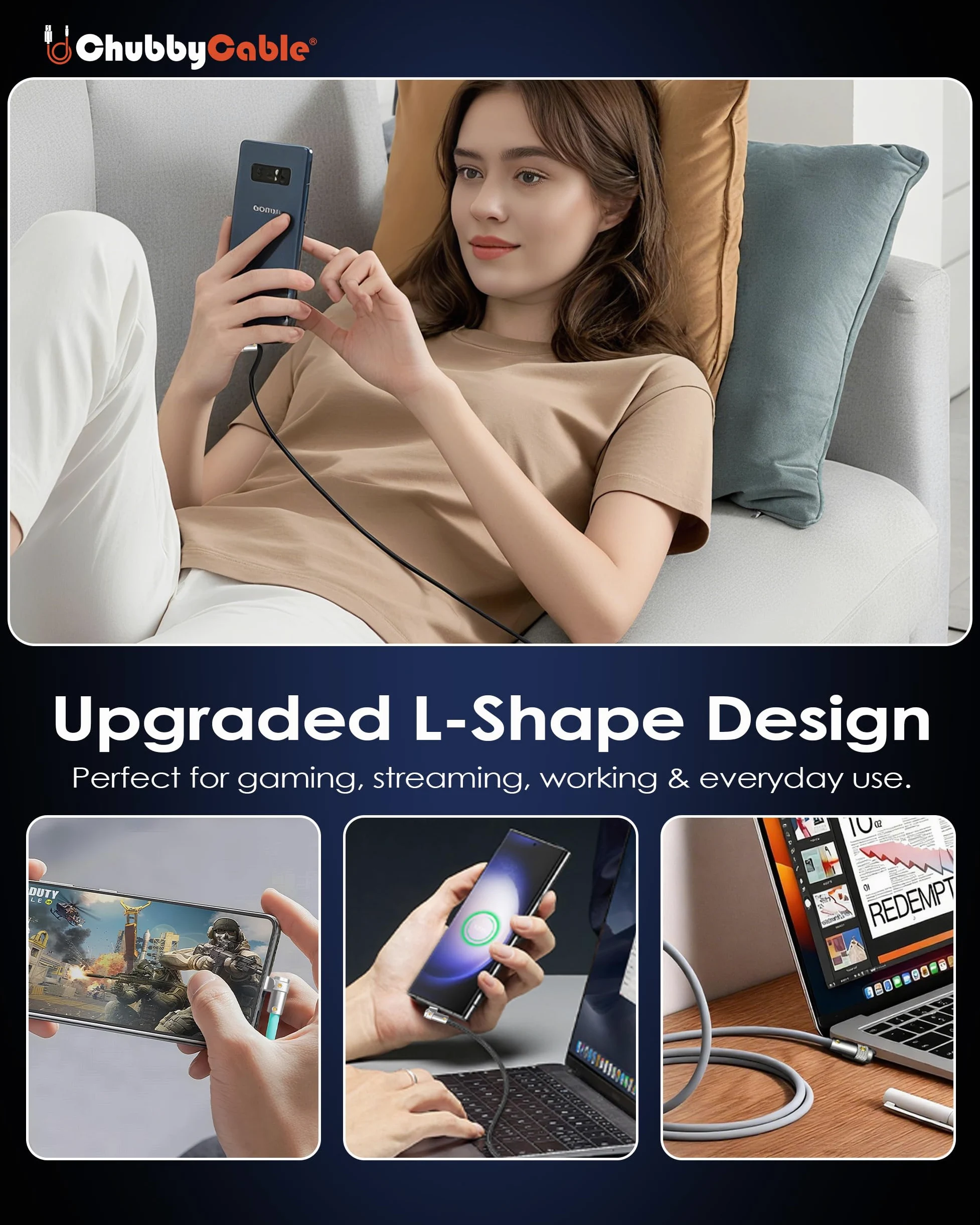 chubbycable FlexElbow - Cavo di ricarica rapida a 90 gradi, 240 W, ad angolo retto, cavo di ricarica USB C, in silicone, compatibile con iPhone serie 17-15, iPad, nero, da tipo C a tipo C, 4 m