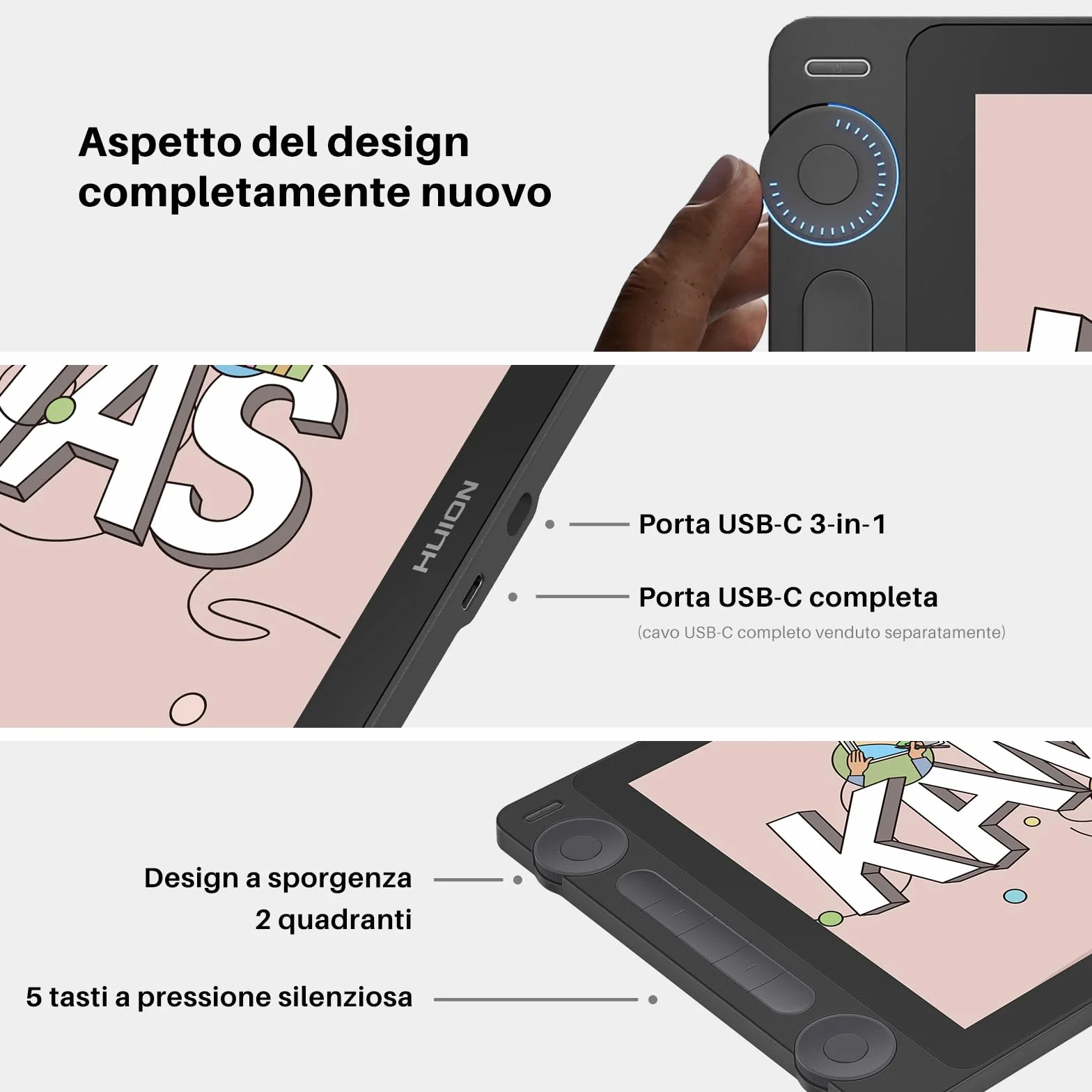 HUION Kamvas 13 Gen 3 Tavoletta Grafica con Schermo, Monitor da Disegno in Vetro Canvas da 13,3",Vopertura sRGB del 99%, PenTech 4.0, Pressione Penna 16384, Doppi Quadranti,Supporto Regolabile, Nero