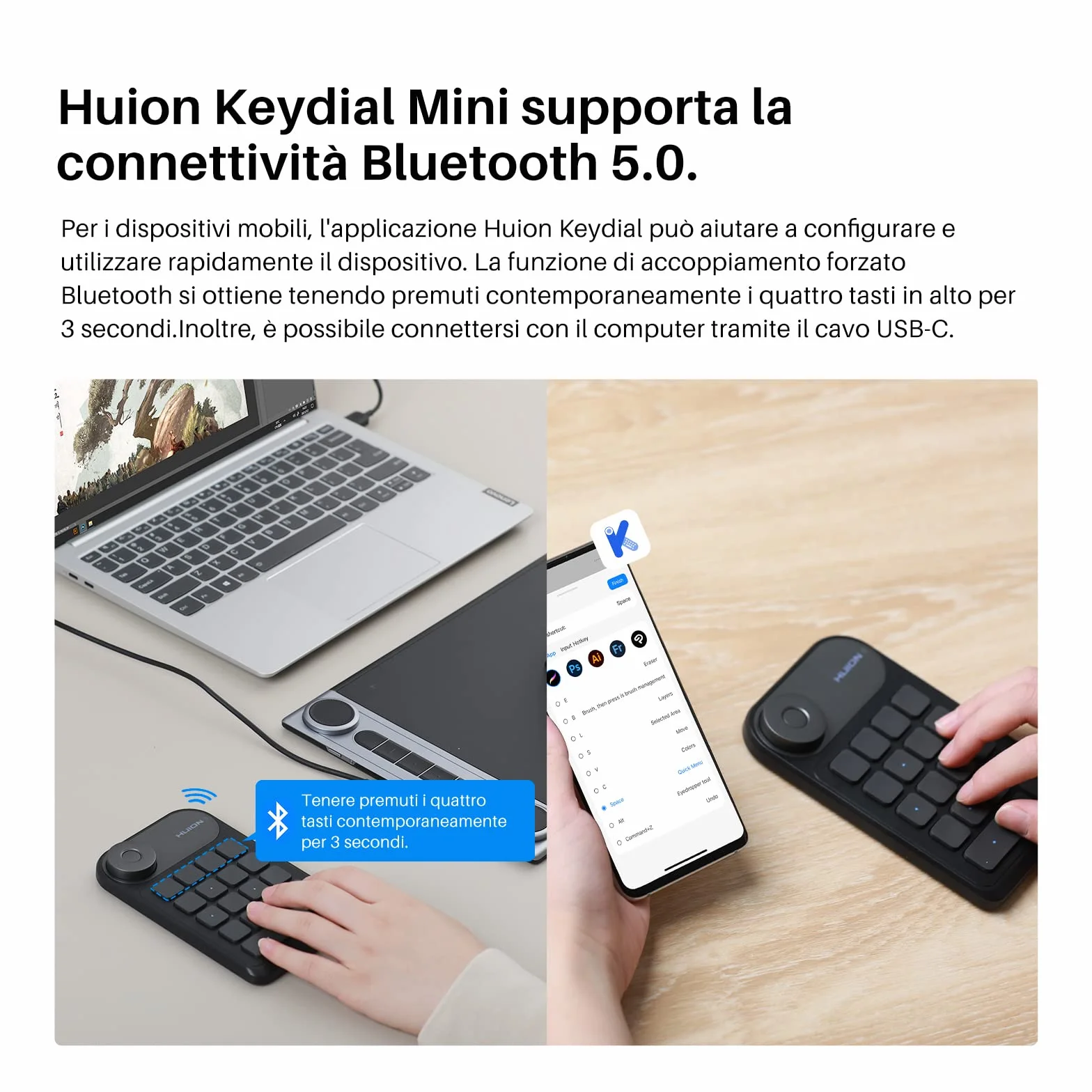 HUION Keydial Mini K20 Tastiera Remota Bluetooth 5.0 per Display da Disegno e Tavoletta Grafica con Controller a Quadrante+18 Tasti Personalizzati, Tastiera Portatile per PC, Laptop, Mac