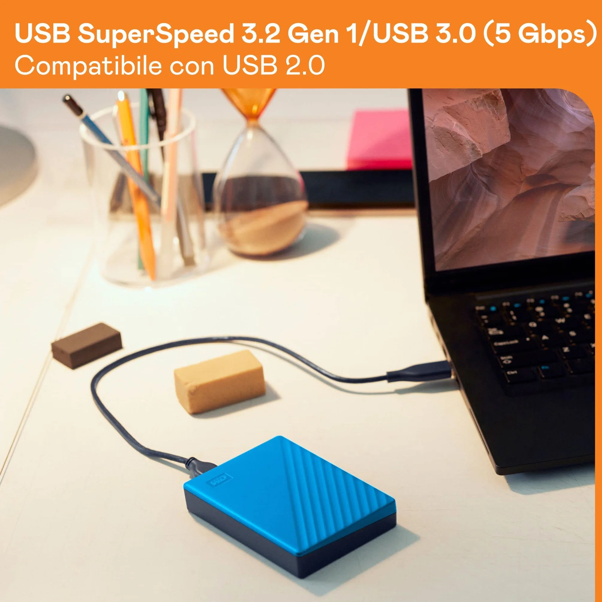 WD 2TB My Passport Hard Disk Esterno Portatile, USB 3.2 Gen 1/USB 3.0, Protezion con password, Software per la gestion e il backup, Formatto per Windows, ChromeOS and MacOS, Blu