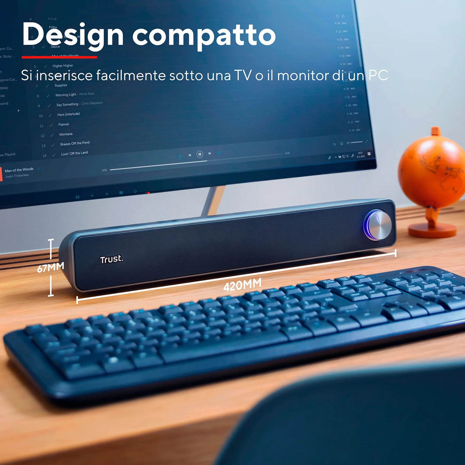 Trust Arys Soundbar PC, 12 W, Casse PC, Alimentazione USB, Jack 3,5 mm, Barra Audio, Altoparlanti per Computer, Portatile, TV, Tablet, Smartphone, Nero, 42 x 6.4 x 7.5 cm