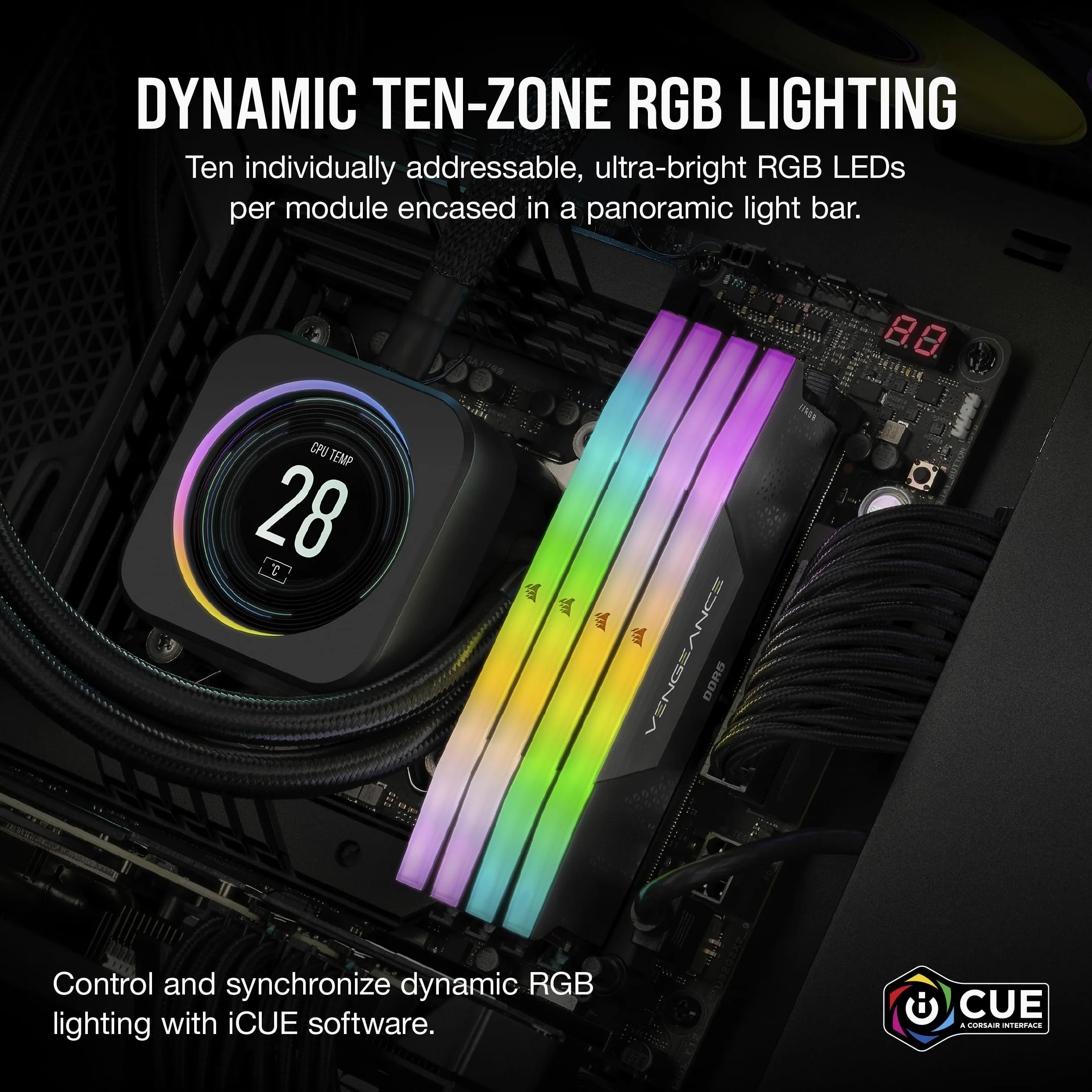 CORSAIR VENGEANCE RGB DDR5 16GB (1 x 16GB) Fino a 5200MHz INTEL RAM | Memoria Per Computer Desktop, Compatibile con Intel XMP 3.0, CL40, Nero, CMH16GX5M1B5200C40