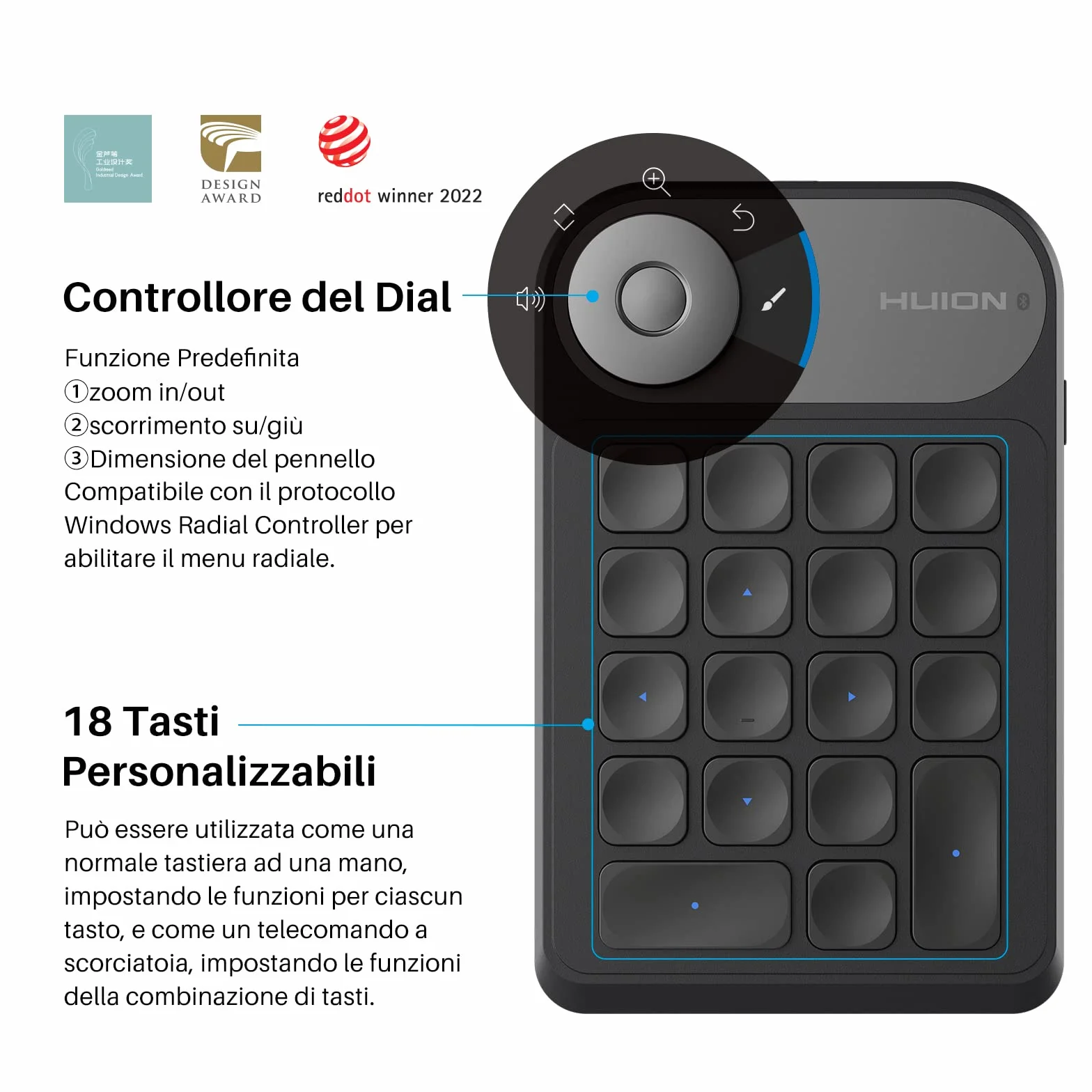 HUION Keydial Mini K20 Tastiera Remota Bluetooth 5.0 per Display da Disegno e Tavoletta Grafica con Controller a Quadrante+18 Tasti Personalizzati, Tastiera Portatile per PC, Laptop, Mac