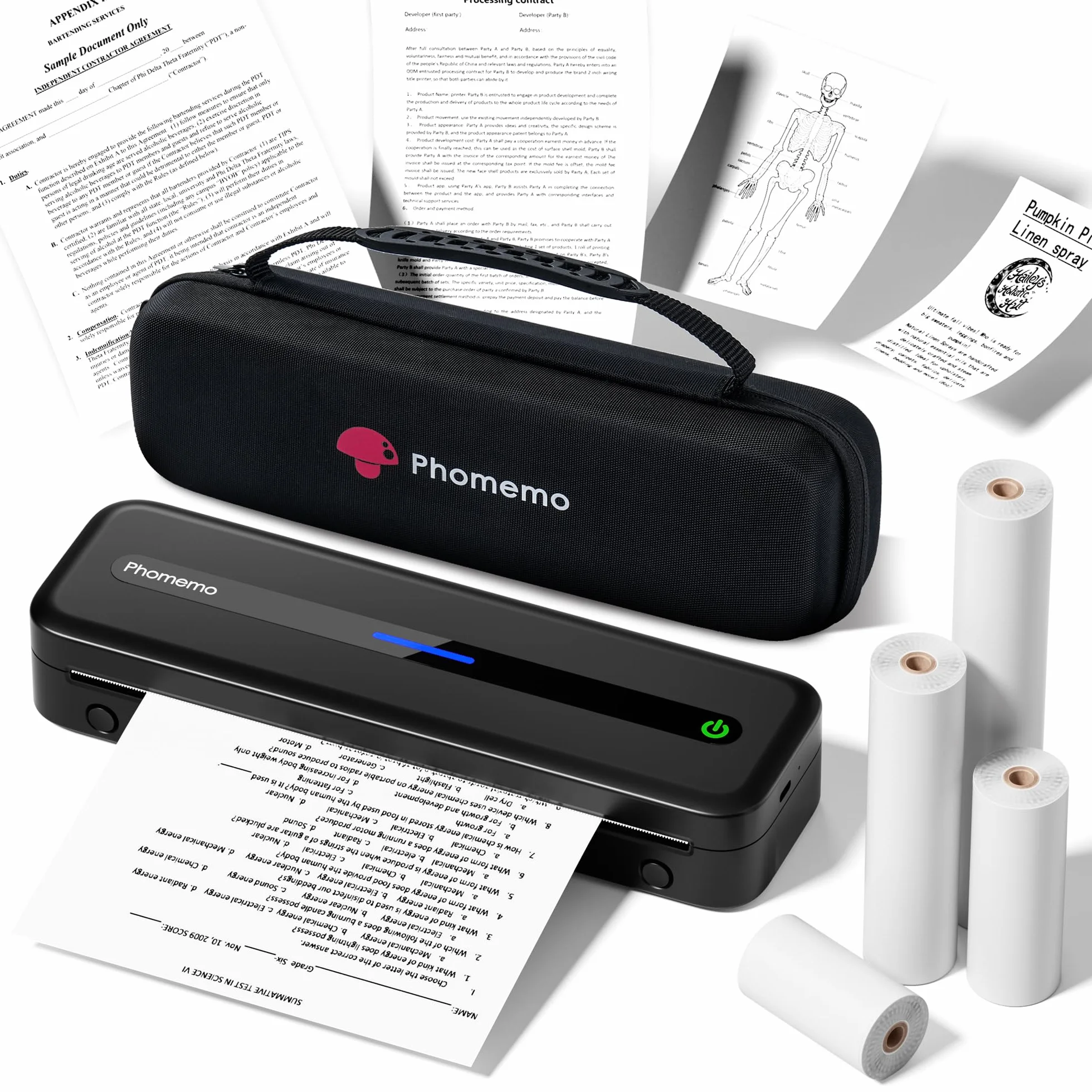 Phomemo M832 Stampante Termica Portatile A4 Senza Fili Senza Inchiostro con Custodia e 4 Rotoli Carta, Nero