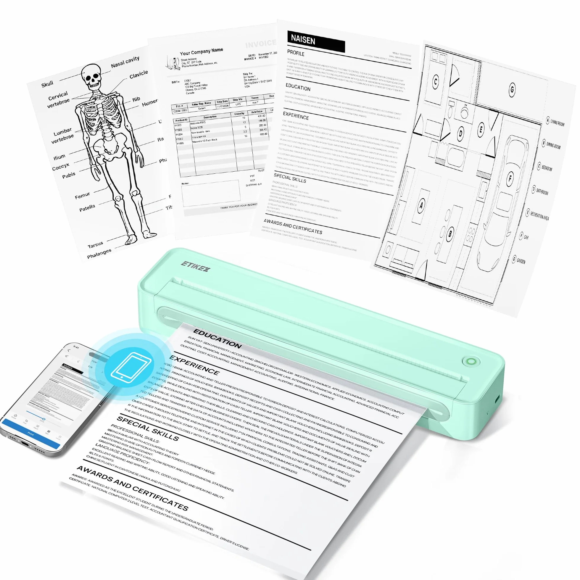 Stampante termica A4 D90E, compatibile Windows/macOS/iOS/Android, monocromatica, ciano scuro