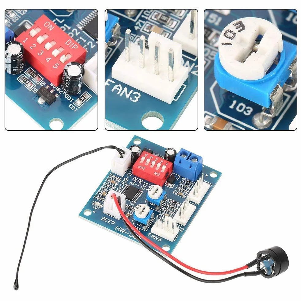 Modulo Regolatore Velocità Ventola PWM, Regolatore Ventola Termostato DC12V a 4 fili con sensore Scheda Regolatore fai-da-te per PC + funzione Allarme Sonda Buzzle