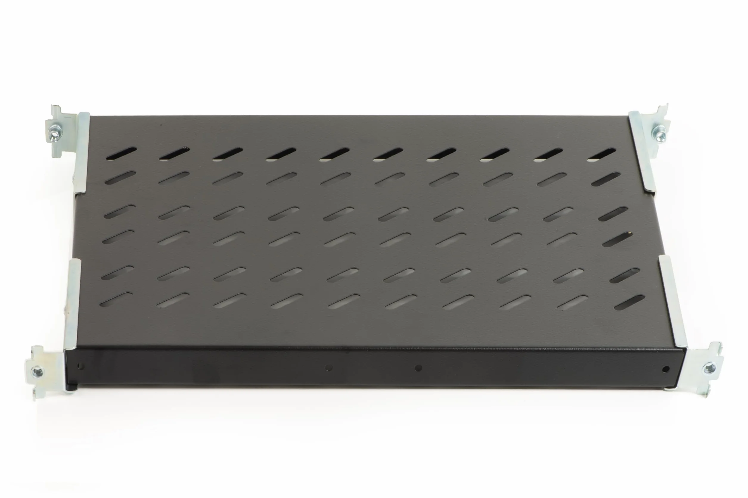 Mensola in acciaio per armadio rack 19" regolabile 350-450 mm, nero RAL9005, portata 50 kg
