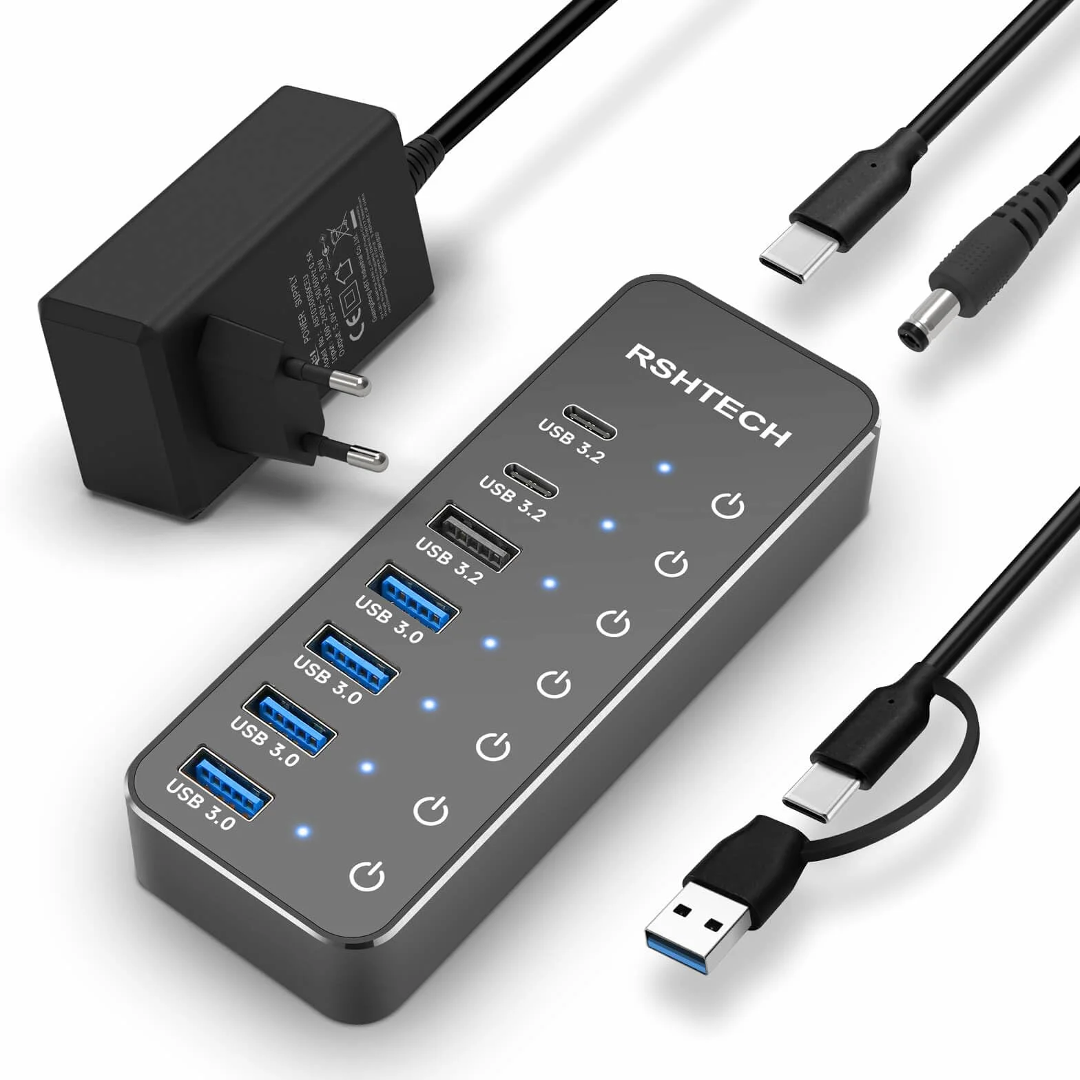 Hub USB 3.2 Alimentato, RSHTECH Hub USB 3.2/C a 7 porte con 3*Porte Dati 10Gbps (USB-A, 2*USB-C), 4*Porte USB 3.0 da 5Gbps, Interruttore a Sfioramento, Cavo Dati 2 in 1, 15W(5V/3A), RSH-ST07C