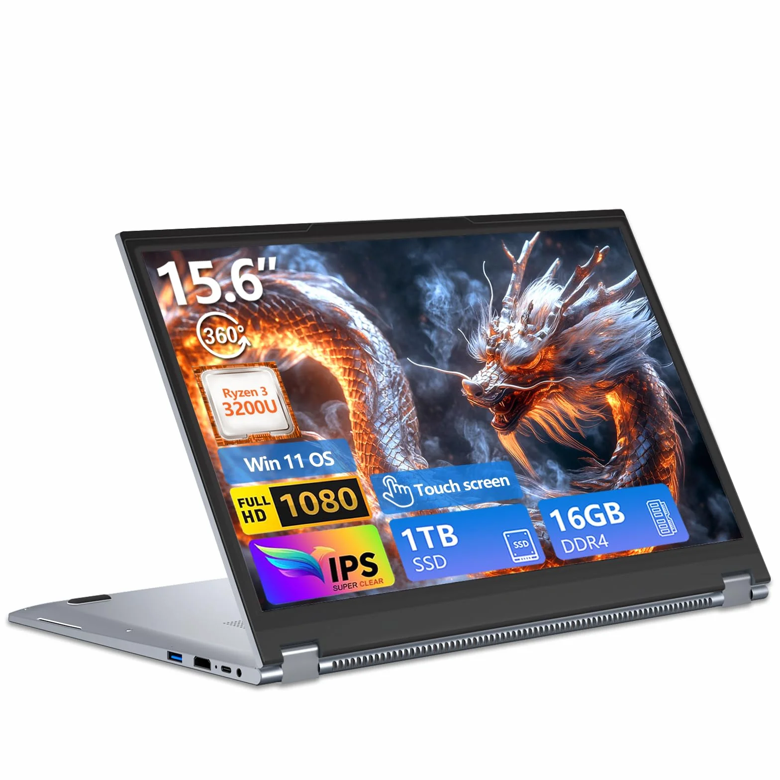 PC Portatile 2 in 1, Notebook R3 3200U CPU, Win 11 PC Portatile 16 GB RAM 1TB SSD, 15,6 Pollici Notebook 1080P Touchscreen Flip 360°, Radeon Graphics GPU, Laptop con RJ45+USB 3.0+Mini-HDMI+Webcam