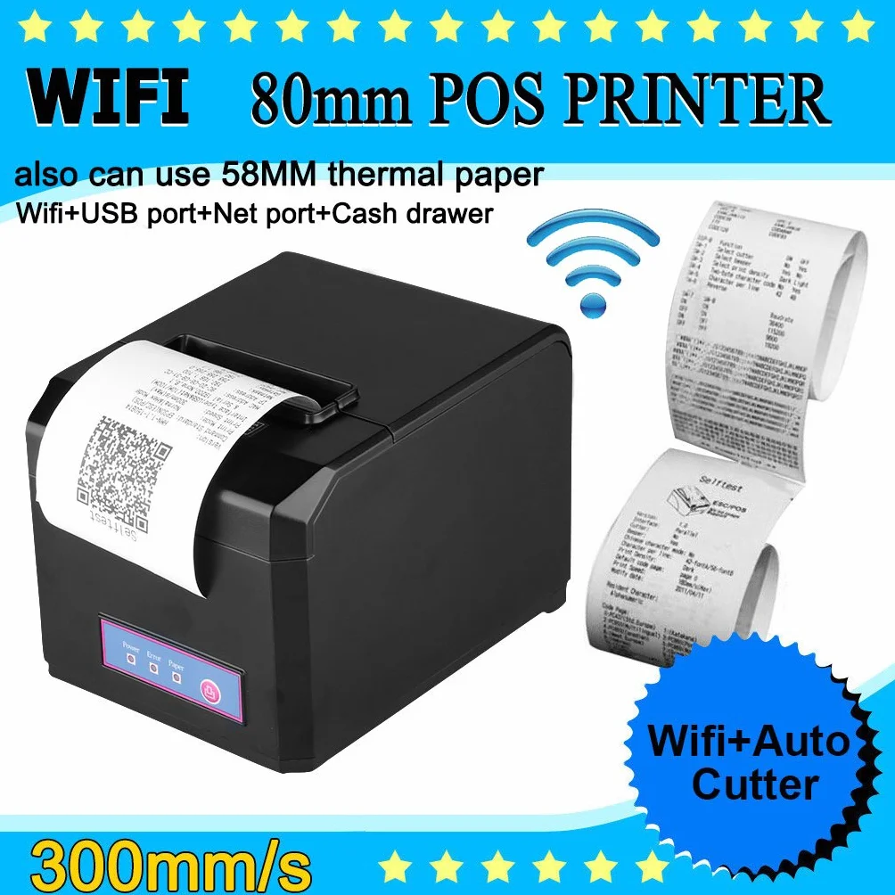 EXCELVAN Senza Fili Stampanti a Matrice WiFi 300mm/sec 80mm Auto-Cut Stampante Termica DOT ESC/POS Wireless Thermal Receipt Stampante USB Ethernet Port