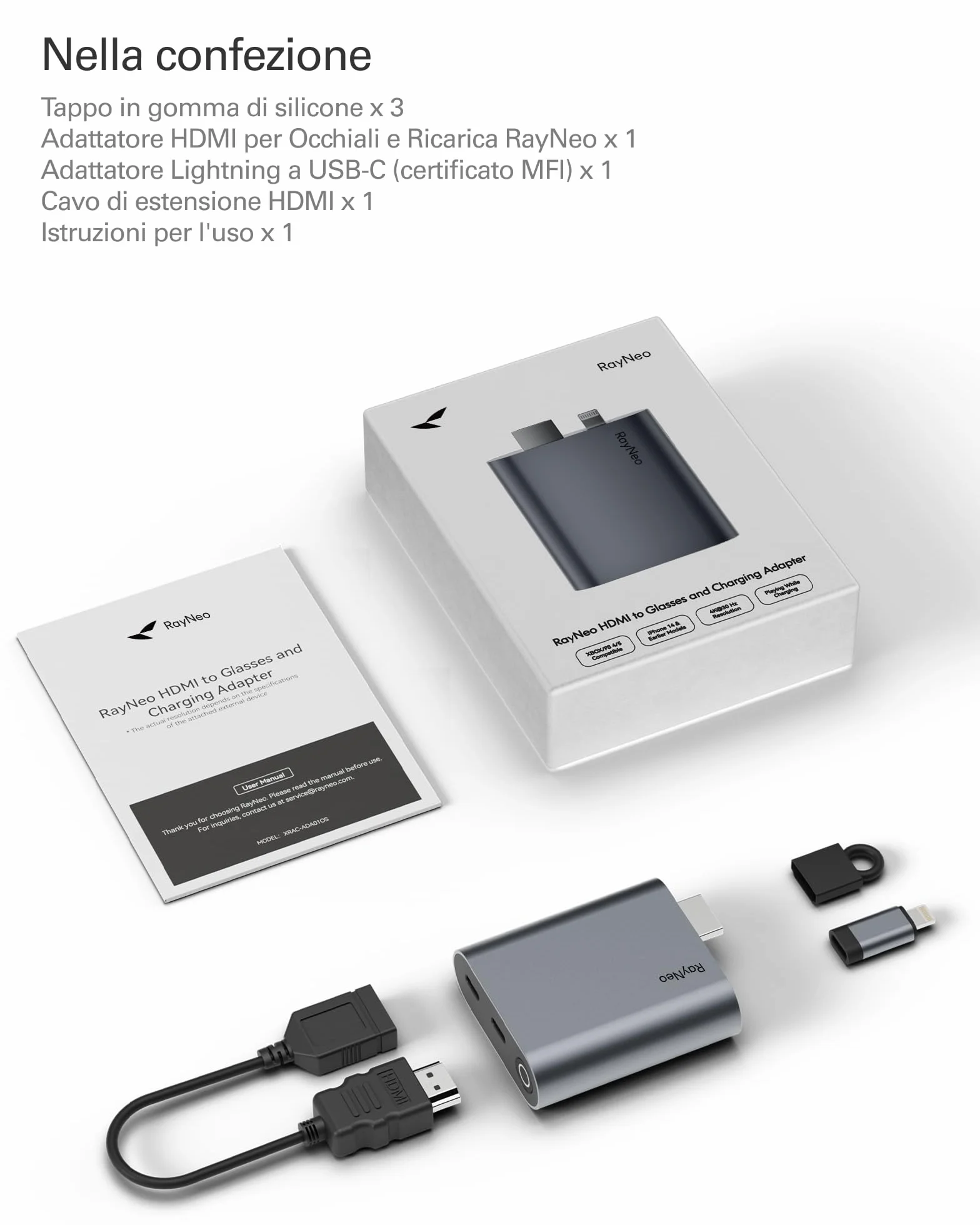 RayNeo Adattatore HDMI 2.0 (HDR10) per iPhone 14 & precedenti con Lightning/HDMI, batteria integrata & carica durante l'uso, 1080P@120Hz - per occhiali AR Air 4 Pro