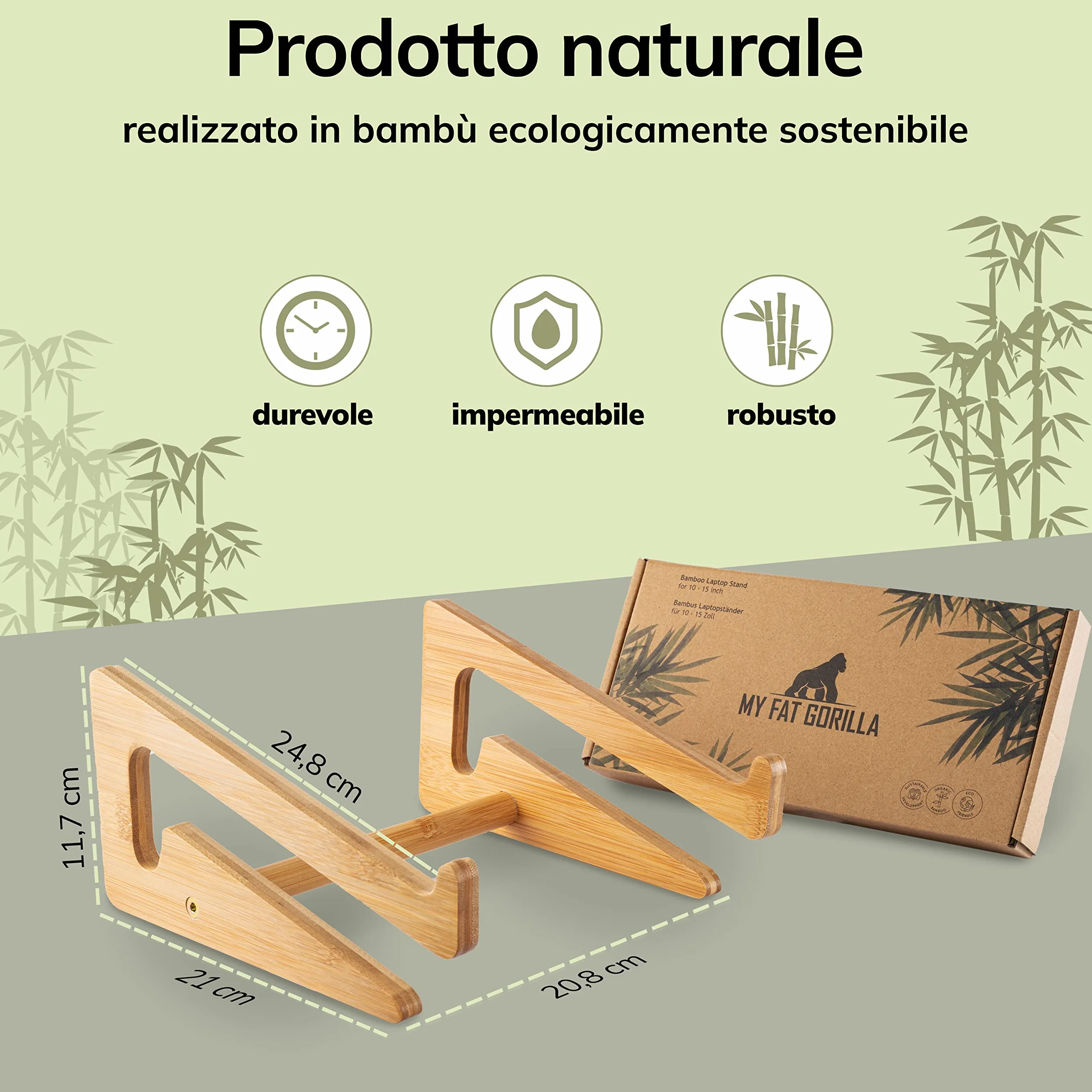 MY FAT GORILLA Supporto PC Portatile Legno Bambù – Rialzo PC Portatile per MacBook & Notebook – Supporto Laptop Scrivania – Alzata PC da Scrivania Bambù per 10-15 pollici
