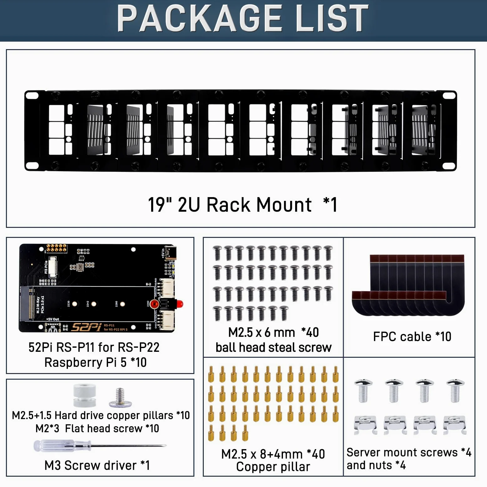 GeeekPi Supporto rack 2U da 19" per Raspberry Pi 5, con 10 adattatori SSD PCIe a M.2 NVMe, può contenere fino a 10 schede Raspberry Pi 5/4B, compatibile con server rack da 19"