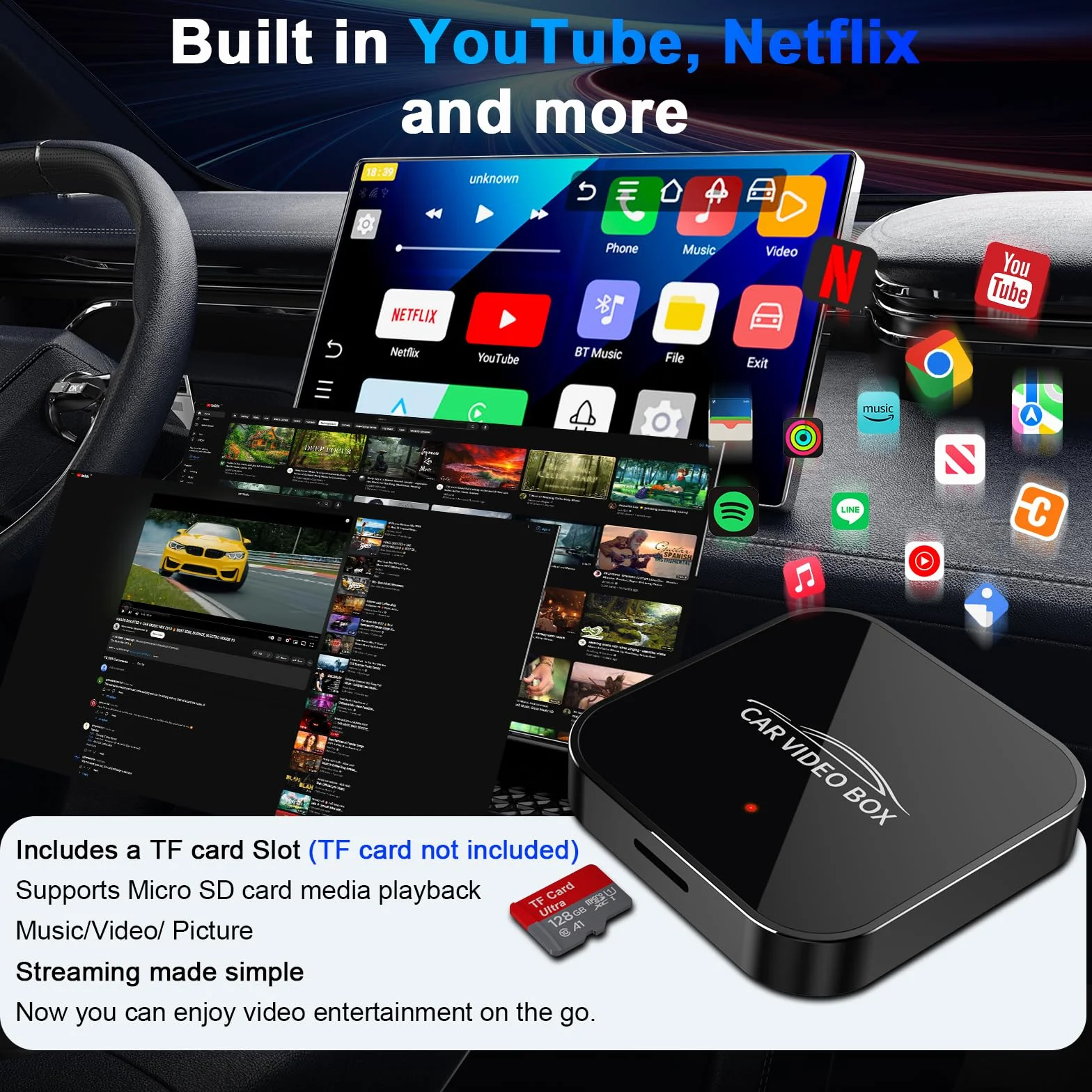 Adattatore Carplay wireless con YouTube, adattatore wireless Carplay 2024 e dongle Android Auto facile da configurare, WiFi 5GHz